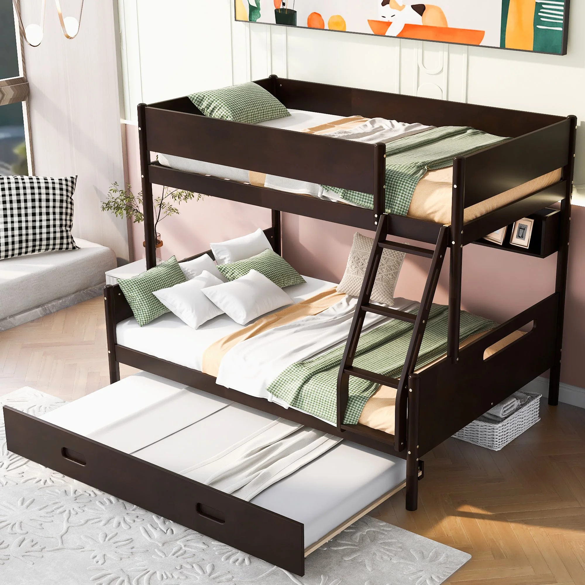 Twin Over Full Bunk Bed with Storage Shelves and Twin Size Trundle for Boys/Girls/Teens Bedroom, Low Wood Bed Frame with Safety Guardrail, No Box Spring Needed