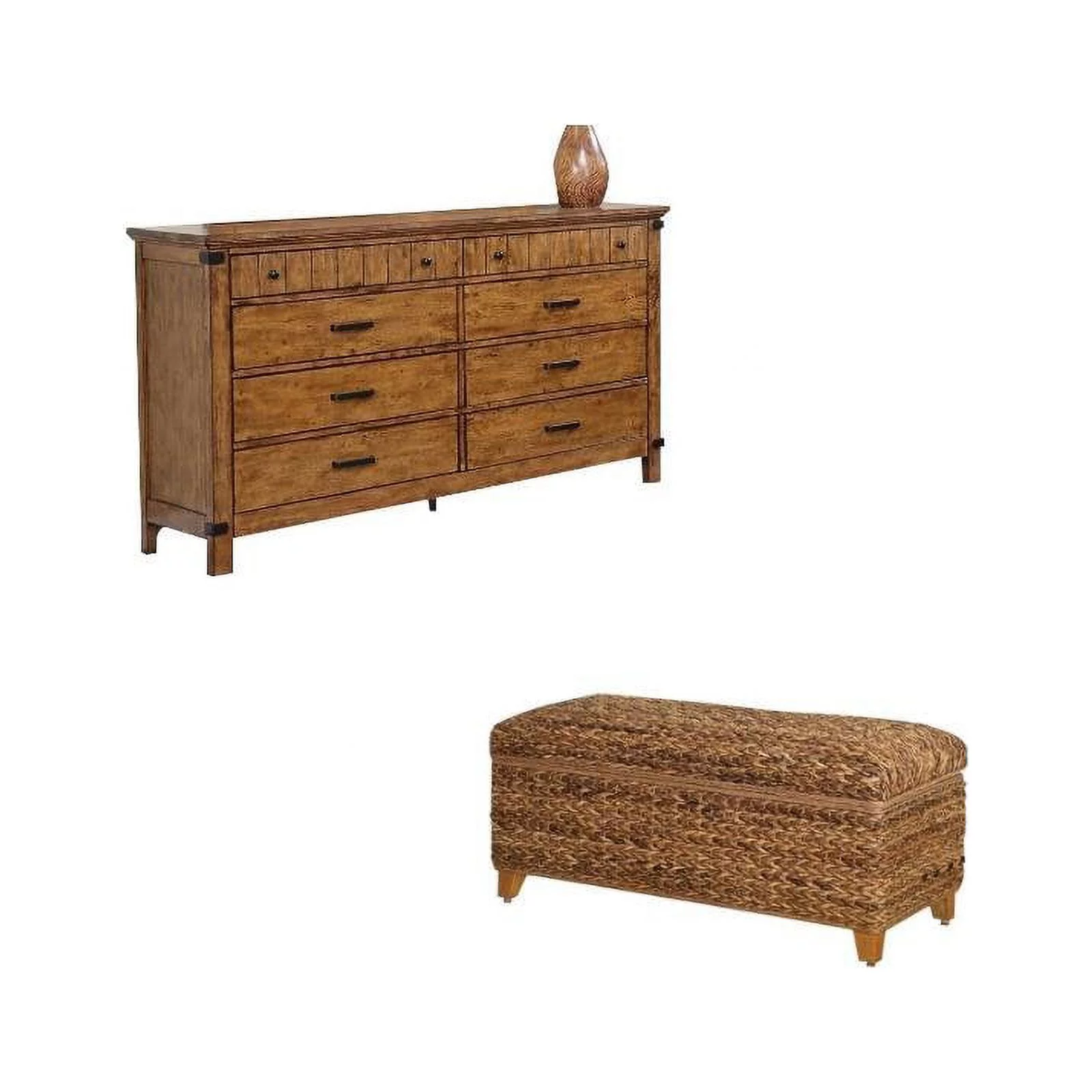 2 Piece Dresser and Trunk Bench Set in Natural Wood