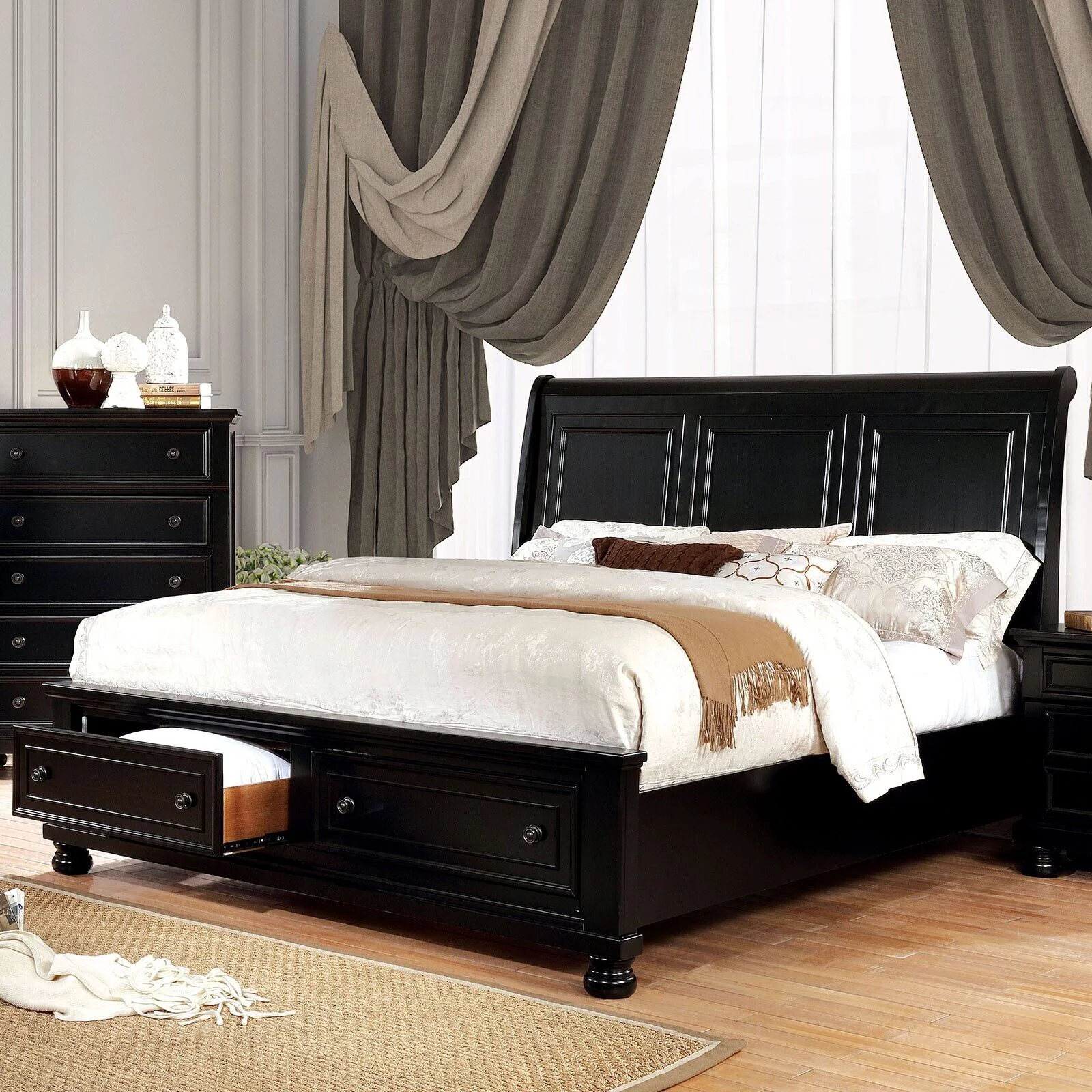 Eastern King Size Bed Black Sleigh Design Headboard Storage Footboard Transitional Bedroom 1pc Furniture Bedframe Solid wood
