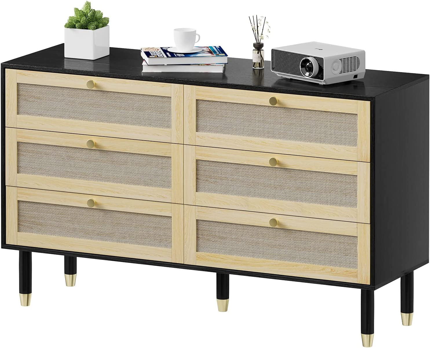 Popular Rattan Dresser 6 Drawers Tall Dresser for Bedroom Boho Wicker Drawer Chest Mid Century Modern Cane Bedroom Furniture Black