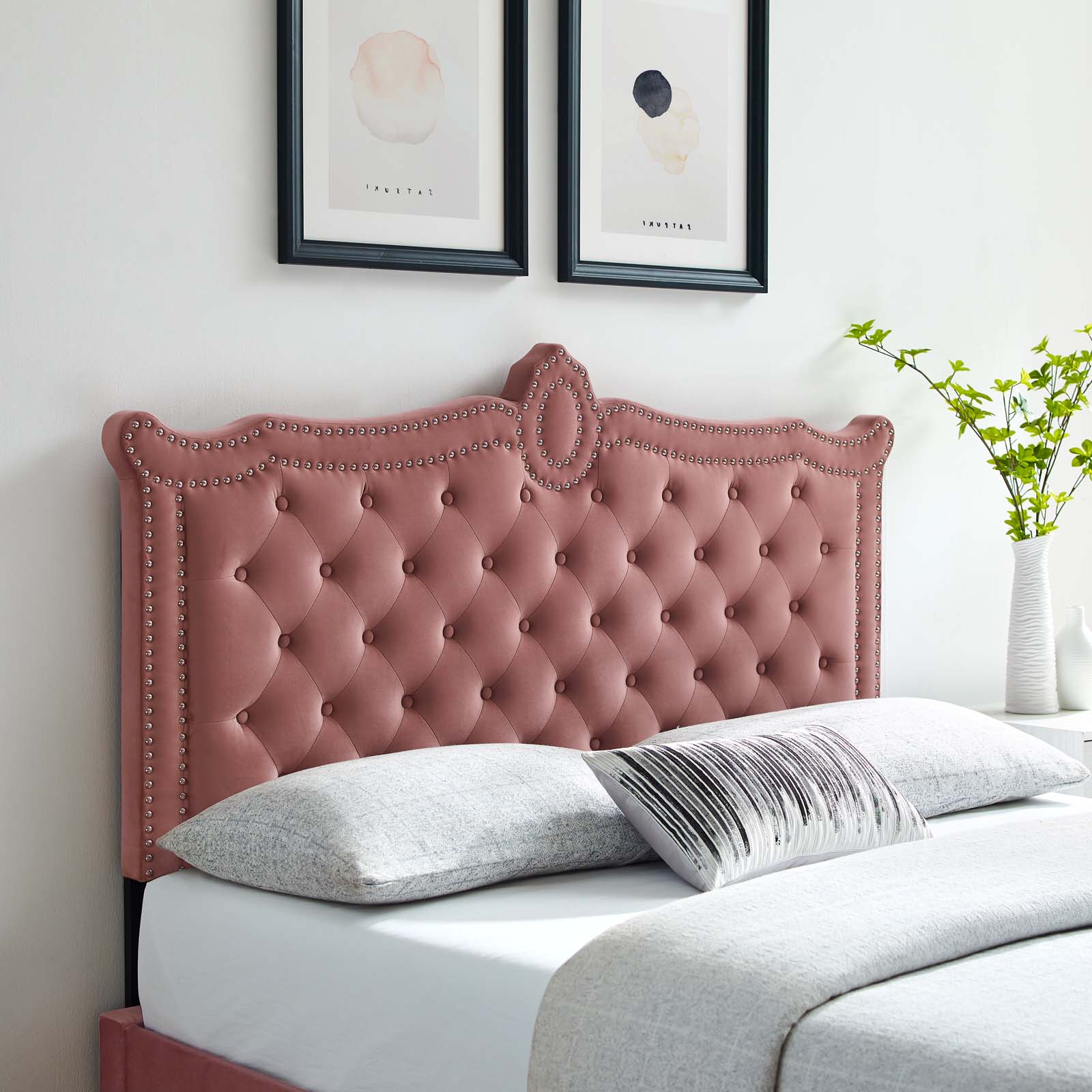 Tufted Headboard, Nailhead, Twin Size, Pink, Velvet, Modern Contemporary, Bedroom Master Guest Suite Room