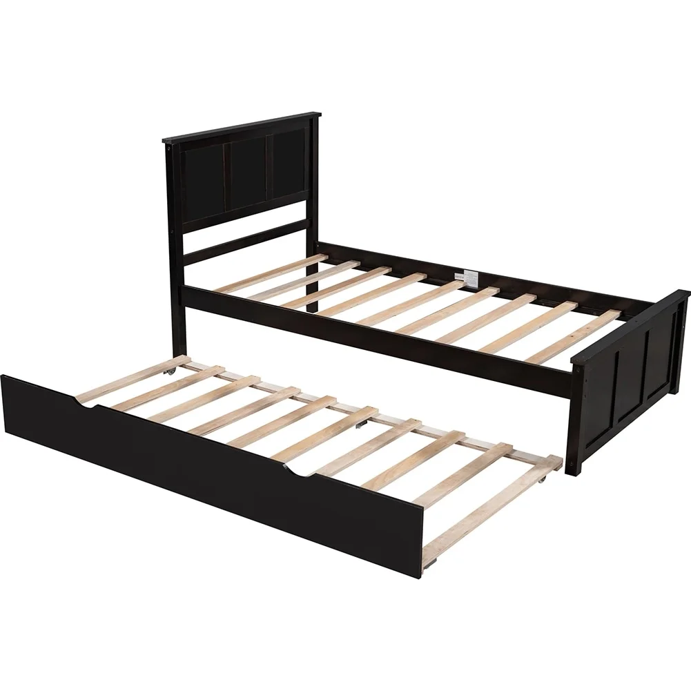 Twin Size Platform Bed with Trundle,Gray/Espresso Espresso