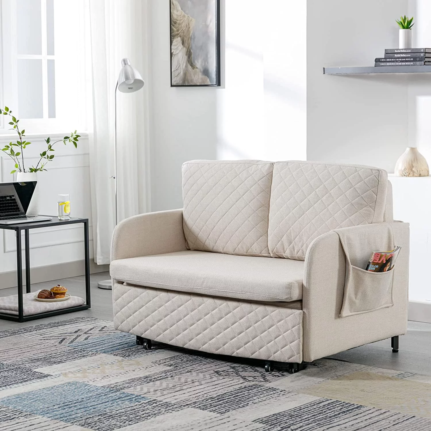 Tabaray Mini Pull Out Couch Bed,Twin Sleeper Sofa with Storage Barcket and Side Pocket,Love sSeats for Living Room,Bedroom,Office,Small Space (Beige Linen)