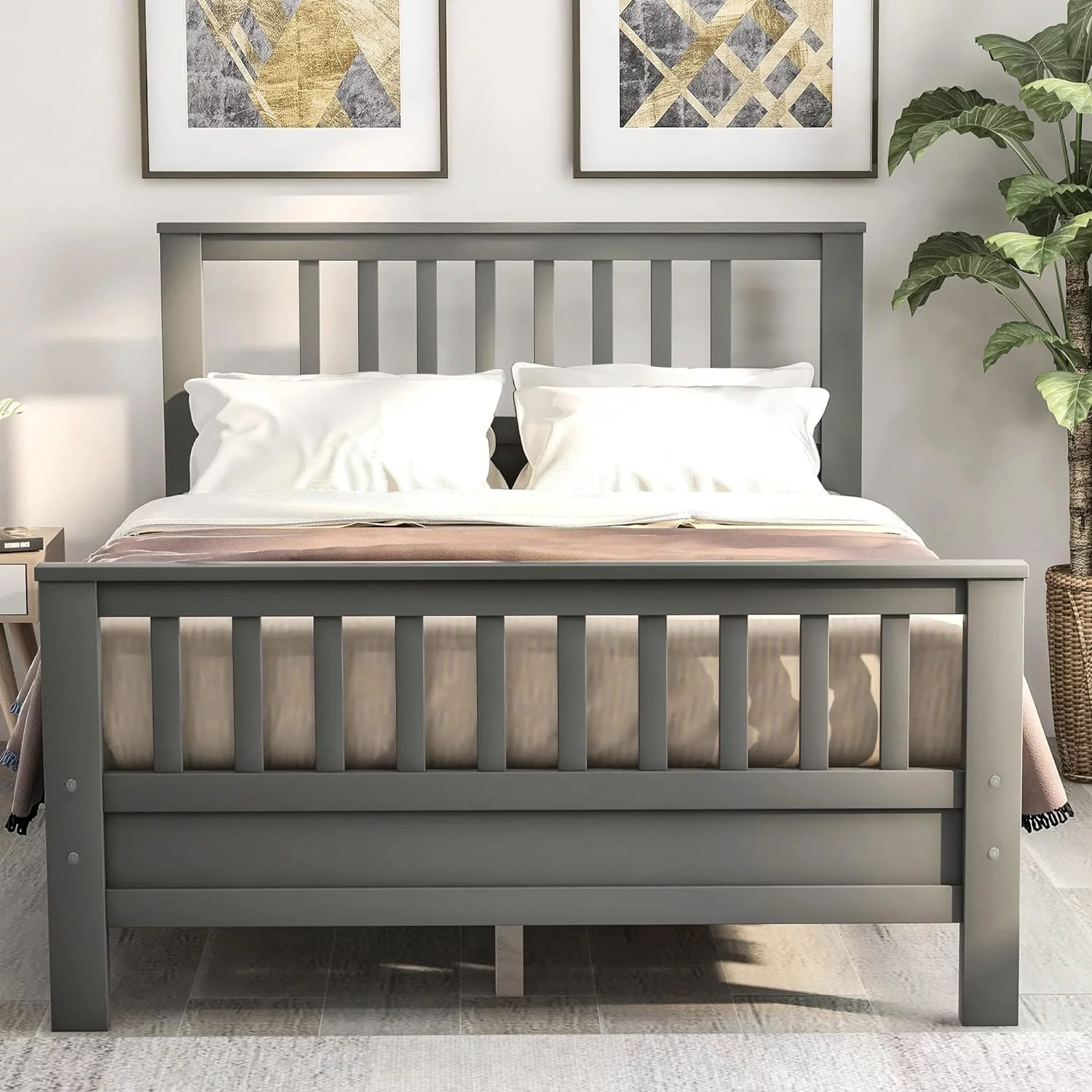 Full Size Bed Frame With Headboard And Footboard, Wooden Full Platform Bed Frame With Sturdy Slat Support, No Box Spring Needed (Full, Grey)