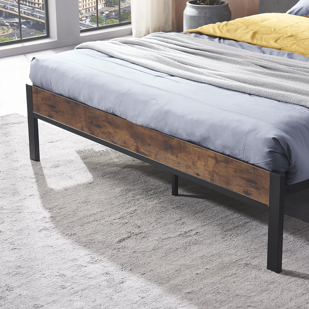 Dcenta Queen Size Metal Platform Bed Frame with Wooden Headboard and Footboard, No Box Spring Needed, Large Under Bed Storage, Easy Assemble