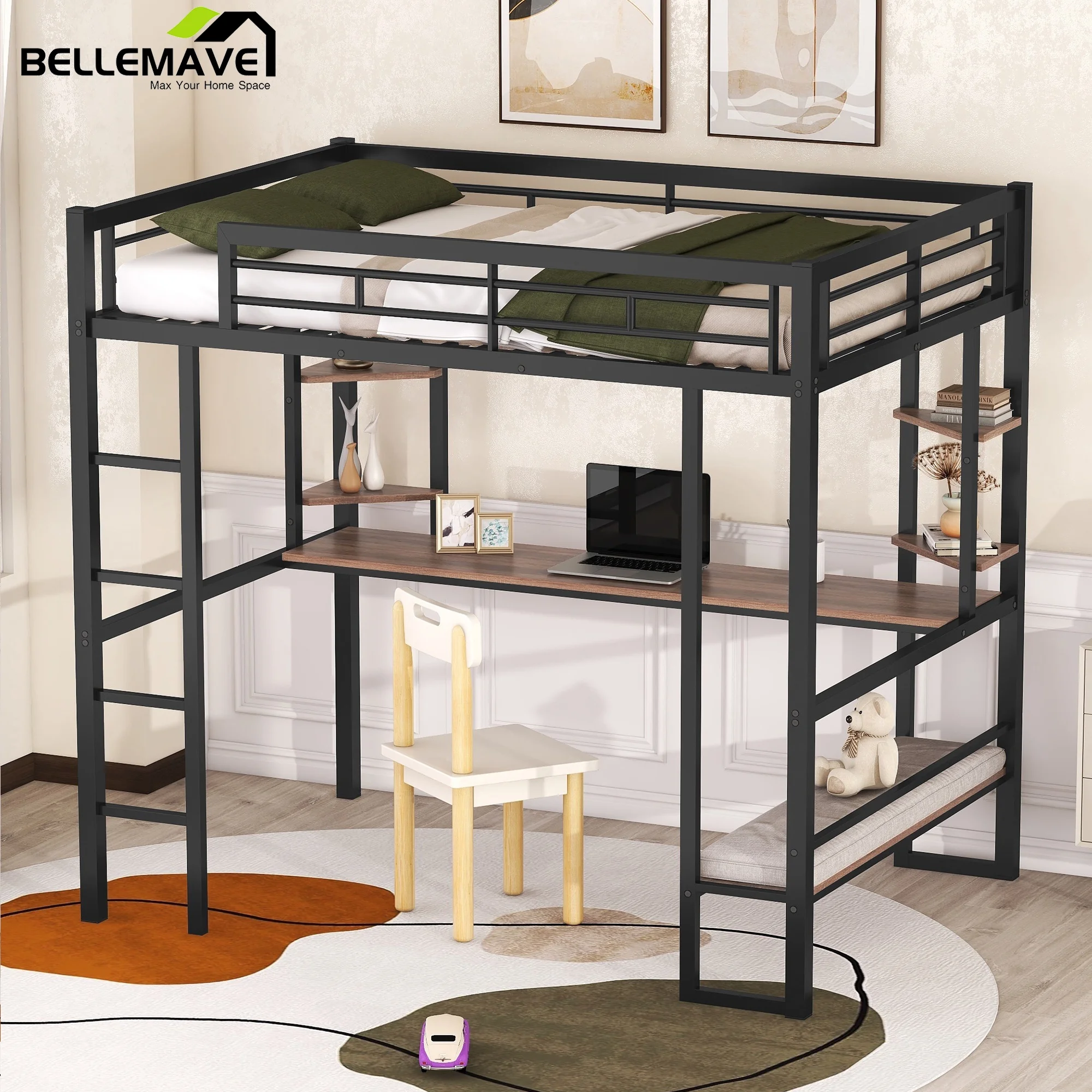 Bellemave Full Size Loft Bed with Wooden Desk and 2-Tier Shelves Full Metal Loft Bed with Storage Underneath and Guardrails Space-saving Junior Loft Bed for Kids, Teens, Student, Black