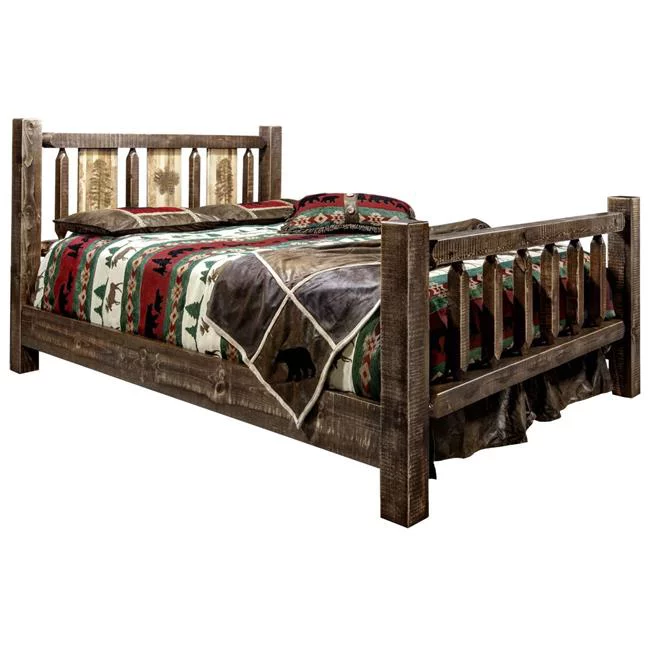 Montana Woodworks Homestead Collection Queen Size Bed with Laser Engraved Pine Tree Design, Stain & Clear Lacquer Finish