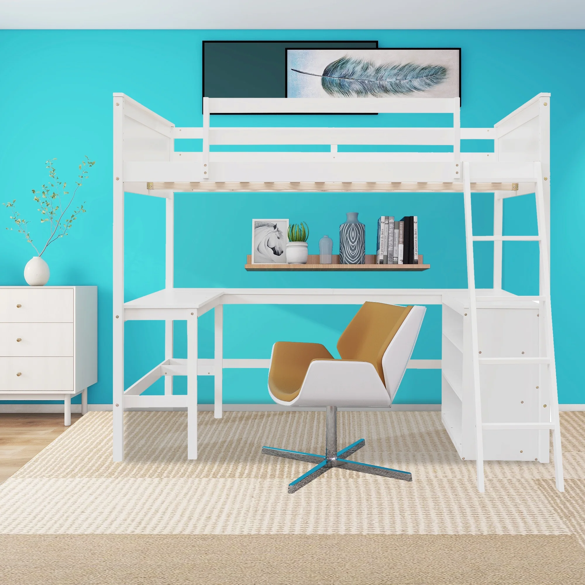 Full Size Loft Bed with Shelves and Desk, Wooden Full Loft Bed Frame with Desk, White
