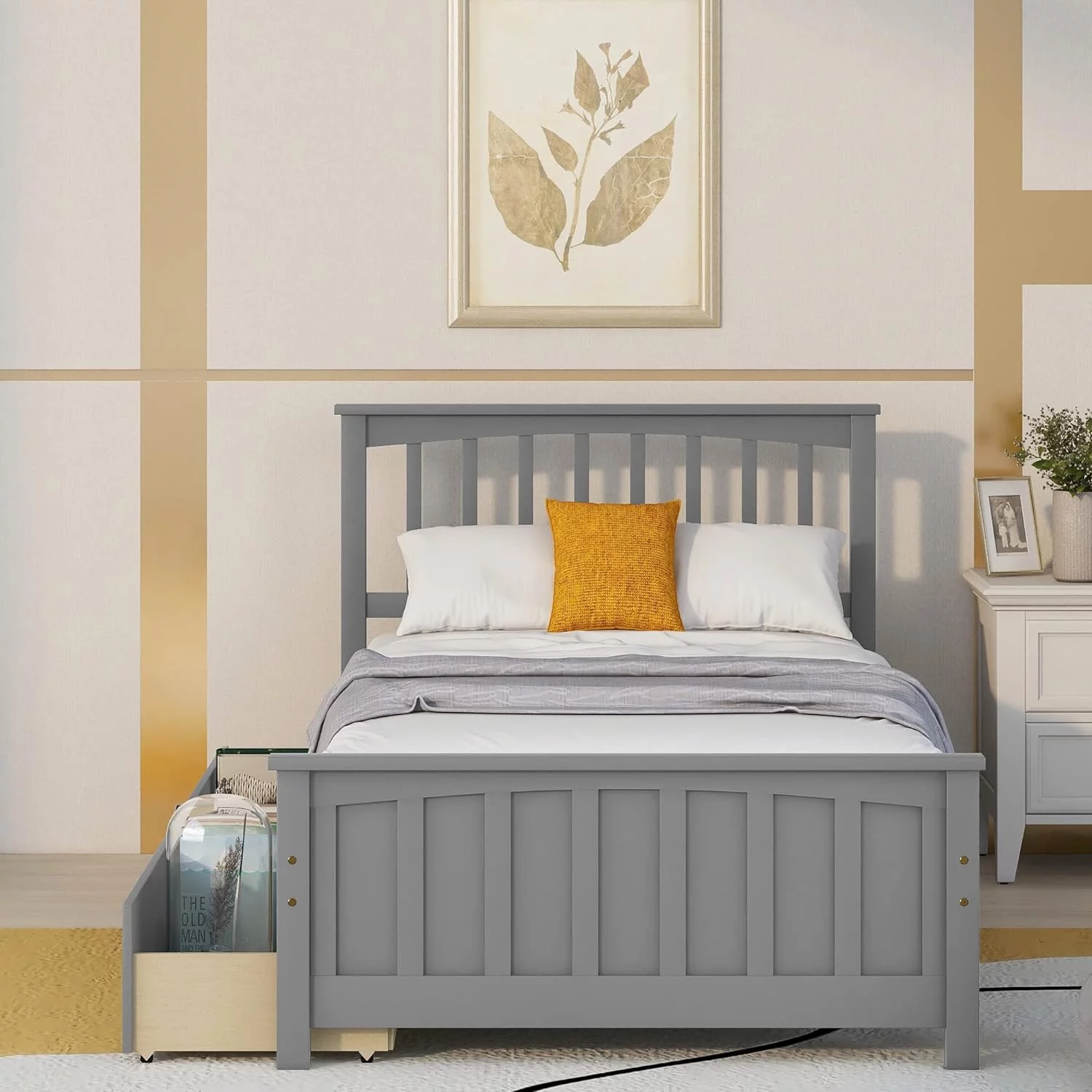 Bed With Drawers Storage Wooden Platform Bed Frame With Headboard Solid Wood Captain Beds For Boys Girls Kids Teens, No Box Spring Needed, Gray