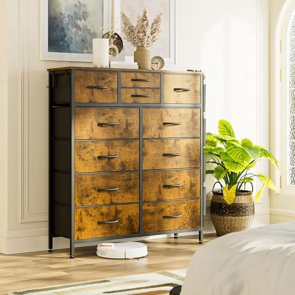 RUNFAYBIU Dresser for Bedroom Tall Dresser Fabric  Dressers 12 Drawer with Side Pockets and Hooks  Metal Frame  Wood Top  Chests of Drawers for Closet  Hallway  Living Room  Entryway  Dar