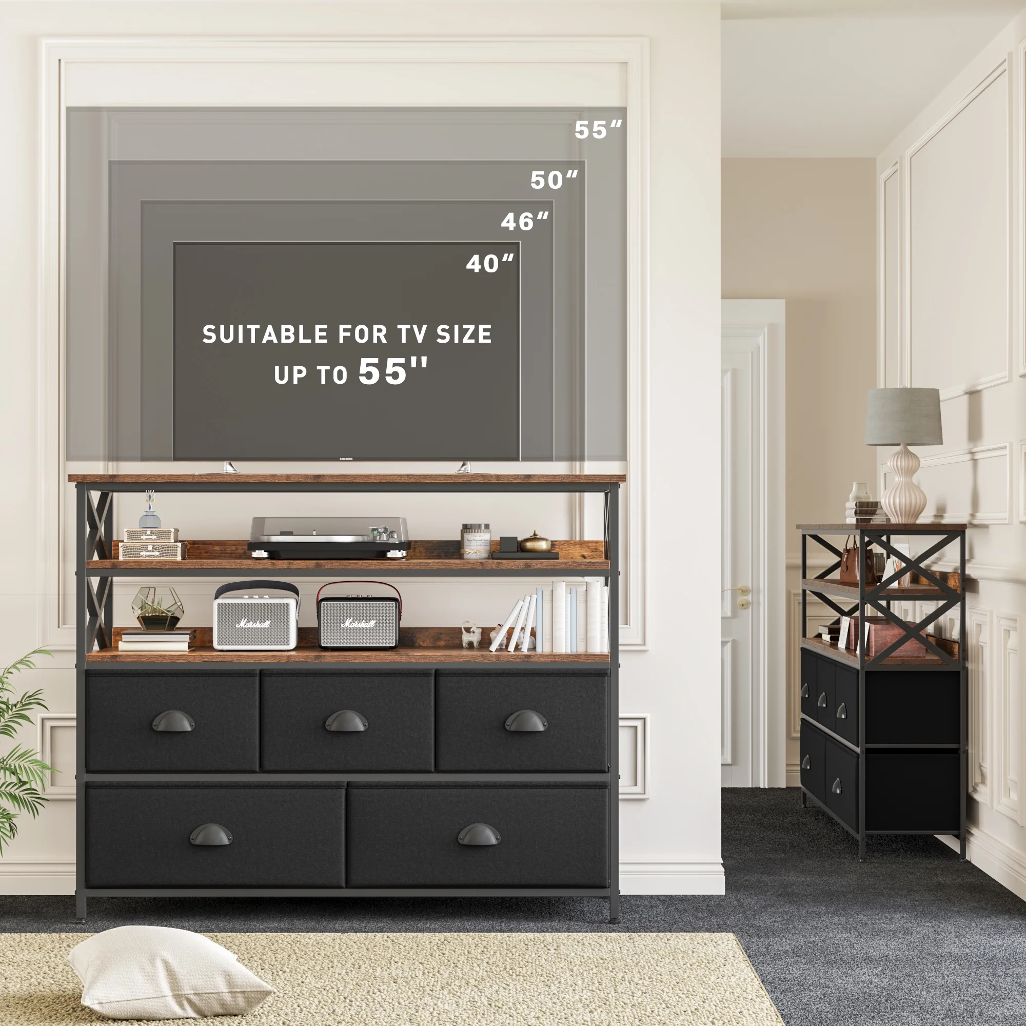 EnHomee Black Dresser for Bedroom TV Stands for 55 inch TV 5 Drawer Dresser with Wood Shelves Entertainment Center TV Dresser for Living Room Entryway Closet