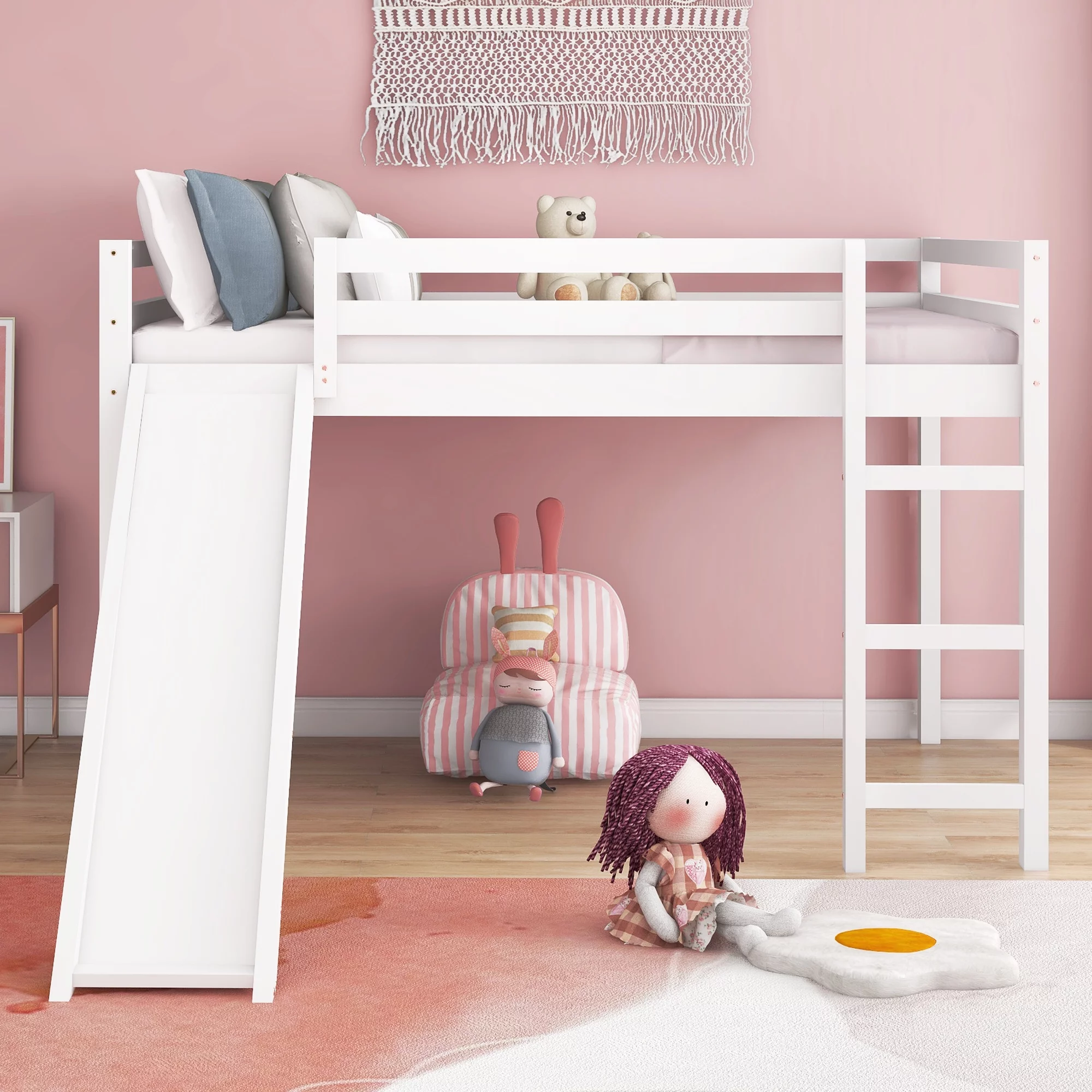 Royard Oaktree Full Size Wood Loft Bed with Slide and Ladder Multifunctional Loft Bed with Safety Rails, Wood Slat Support Mattress Foundation (White)
