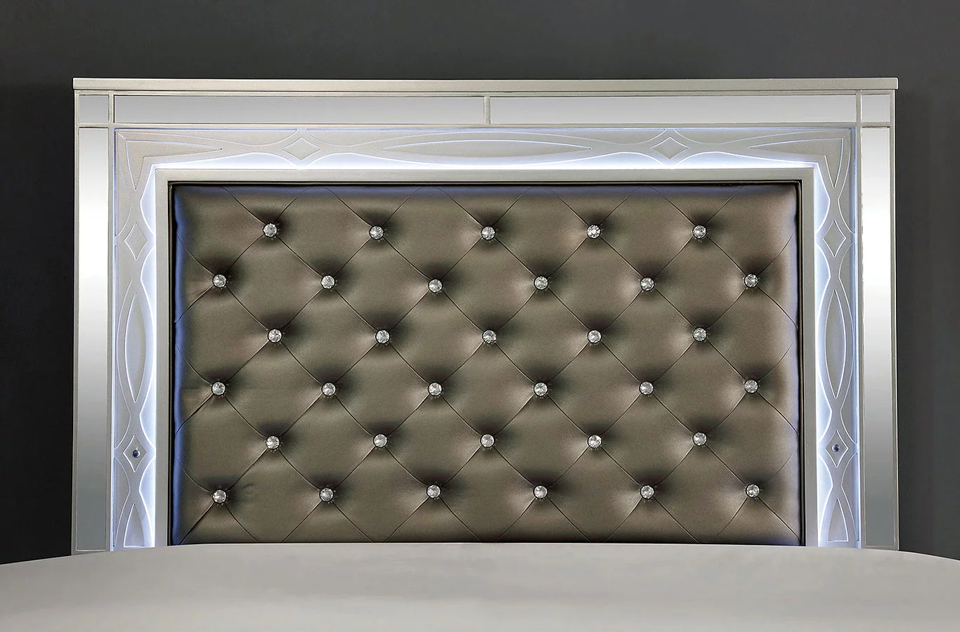 Silver Solid wood Headboard Footboard California King Size Bed Set 1pc Tufted Leatherette Mirror Trim w LED Bedroom Furniture