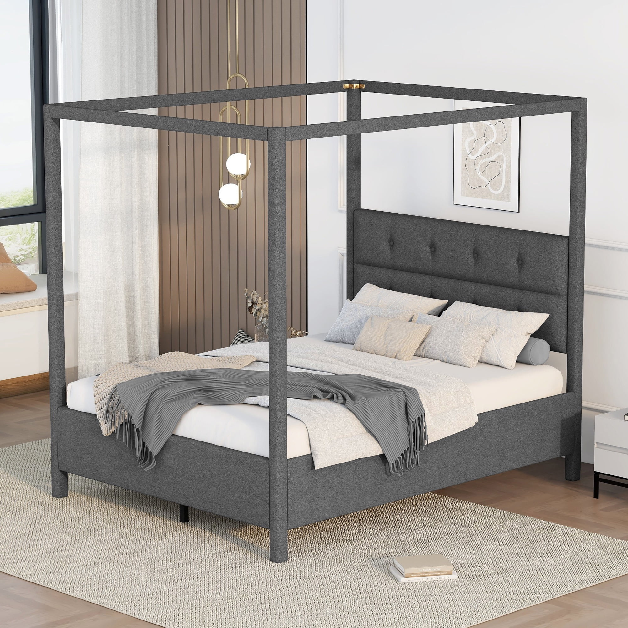 LANTRO JS Queen Size Upholstery Canopy Platform Bed with Headboard