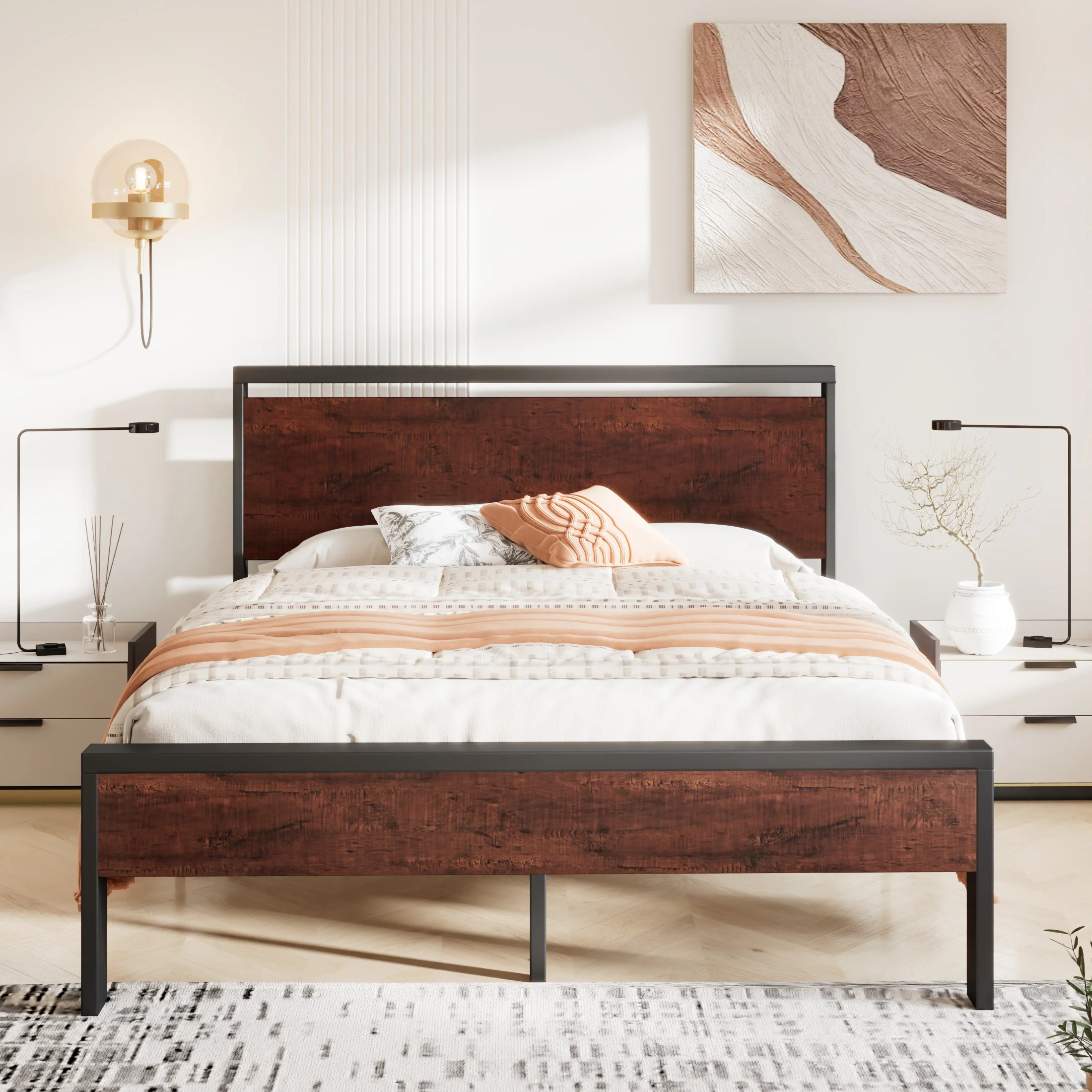 Sha Cerlin Full Size Metal Platform Bed Frame with Wooden Headboard & Underbed Storage, Mahogany