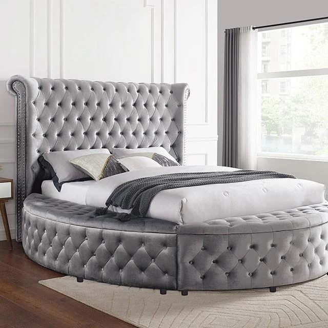 Gray Flanette Circular Shape Queen Size Bed Furniture of America Delilah