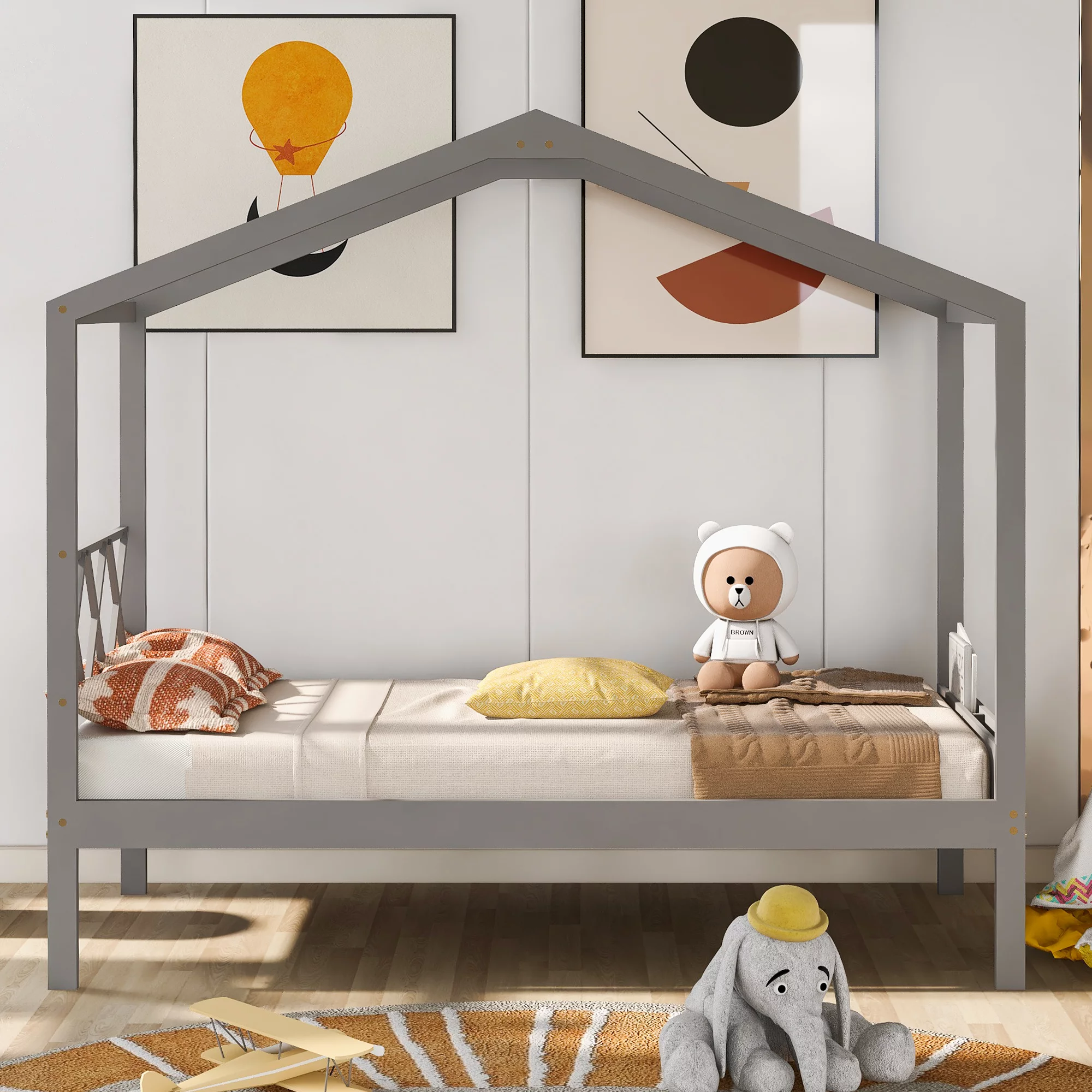 CoSoTower Twin Size Wood House Bed With Storage Space, Gray