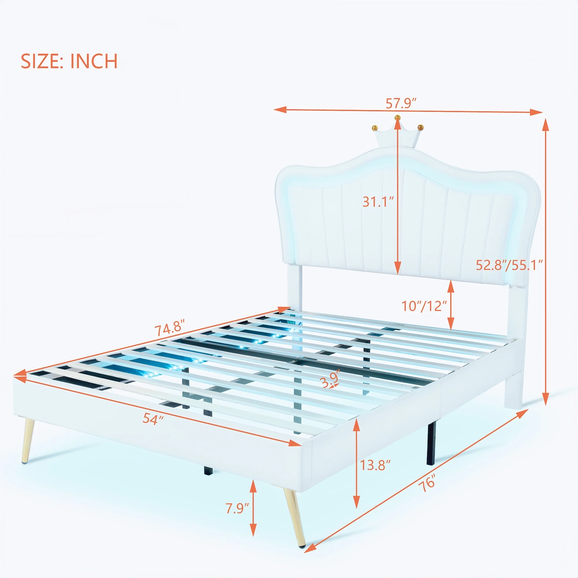 Crown Headboard LED Upholstered Full Size Princess Bed - Modern and Sturdy with Remote-Controlled LED Lights (White)