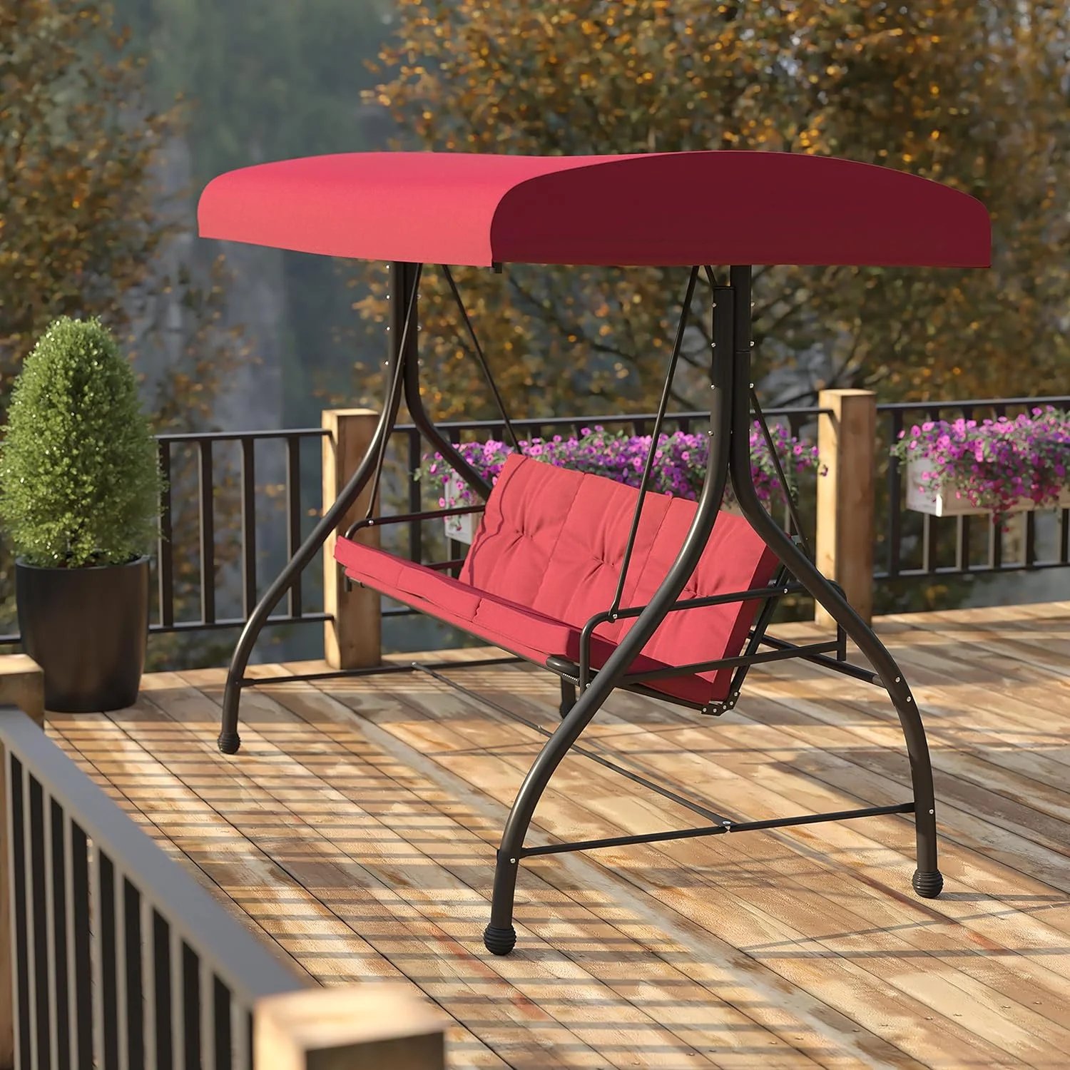 Tellis 3-Seat Outdoor Steel Converting Patio Swing Canopy Hammock With Cushions / Outdoor Swing Bed (Maroon)