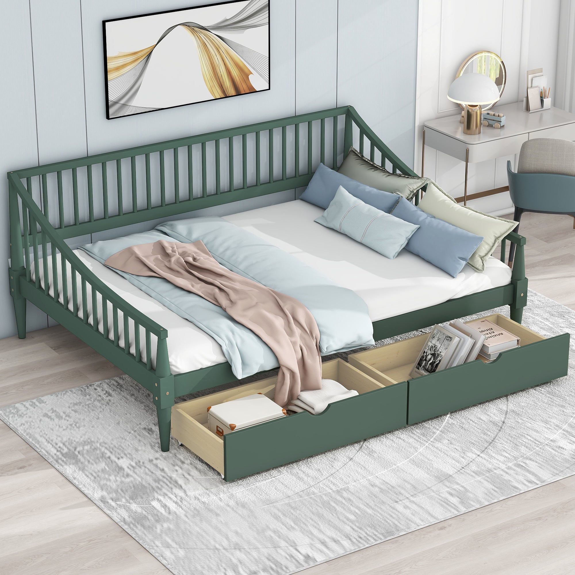 Kata Full Size Daybed with Storage Drawers - Green