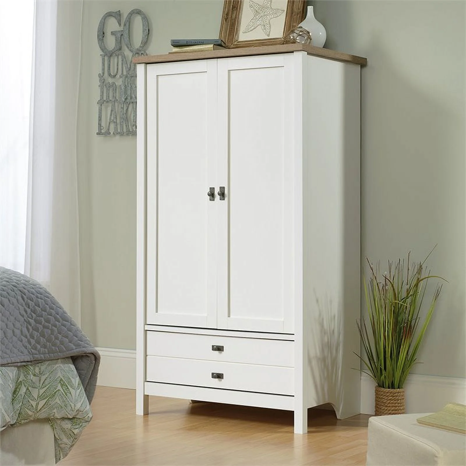 Pemberly Row Modern Engineered Wood Armoire in Soft White/Lintel Oak