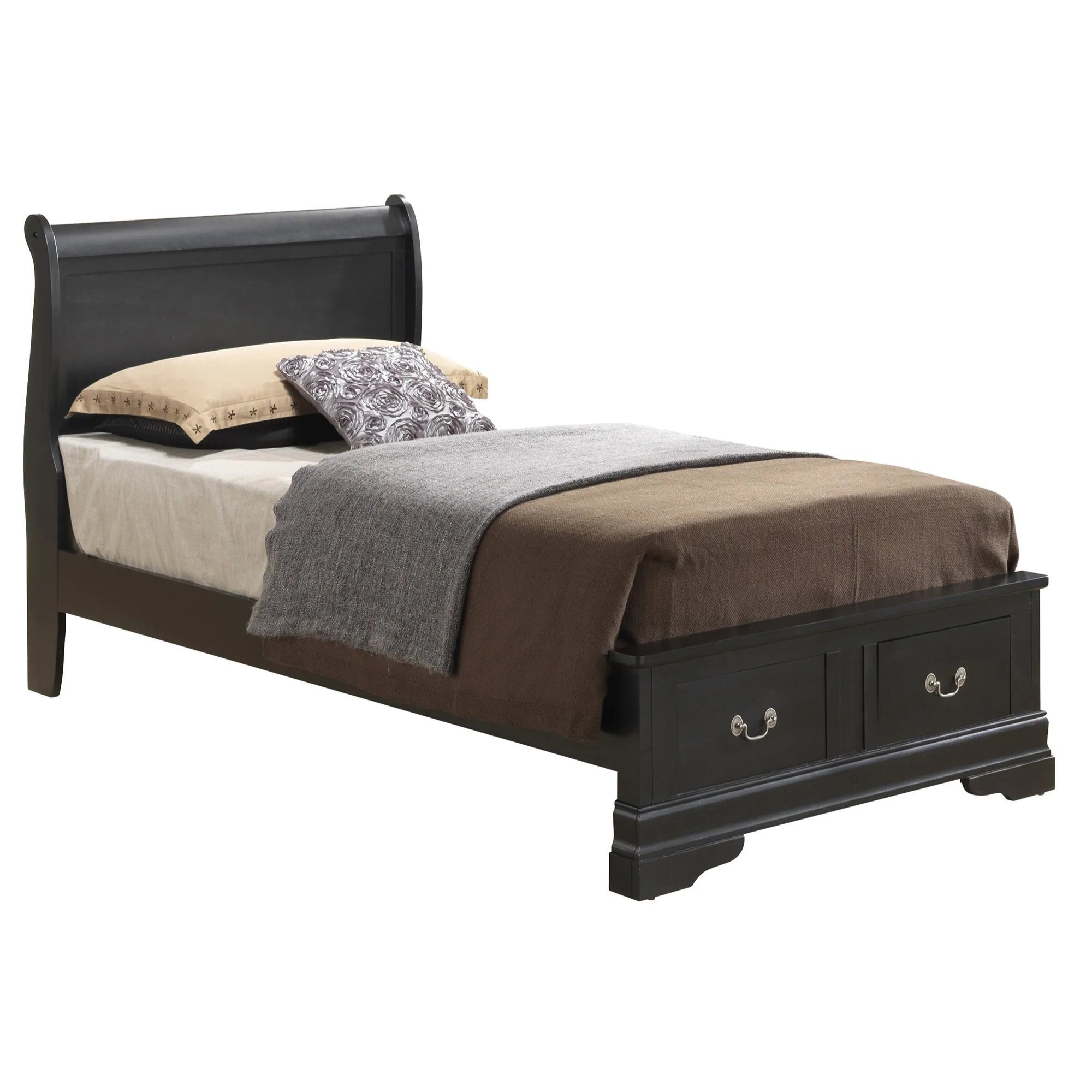 Passion Furniture 44 x 84 x 41 in. Louis Philippe Storage Sleigh Bed, Black - Twin Size