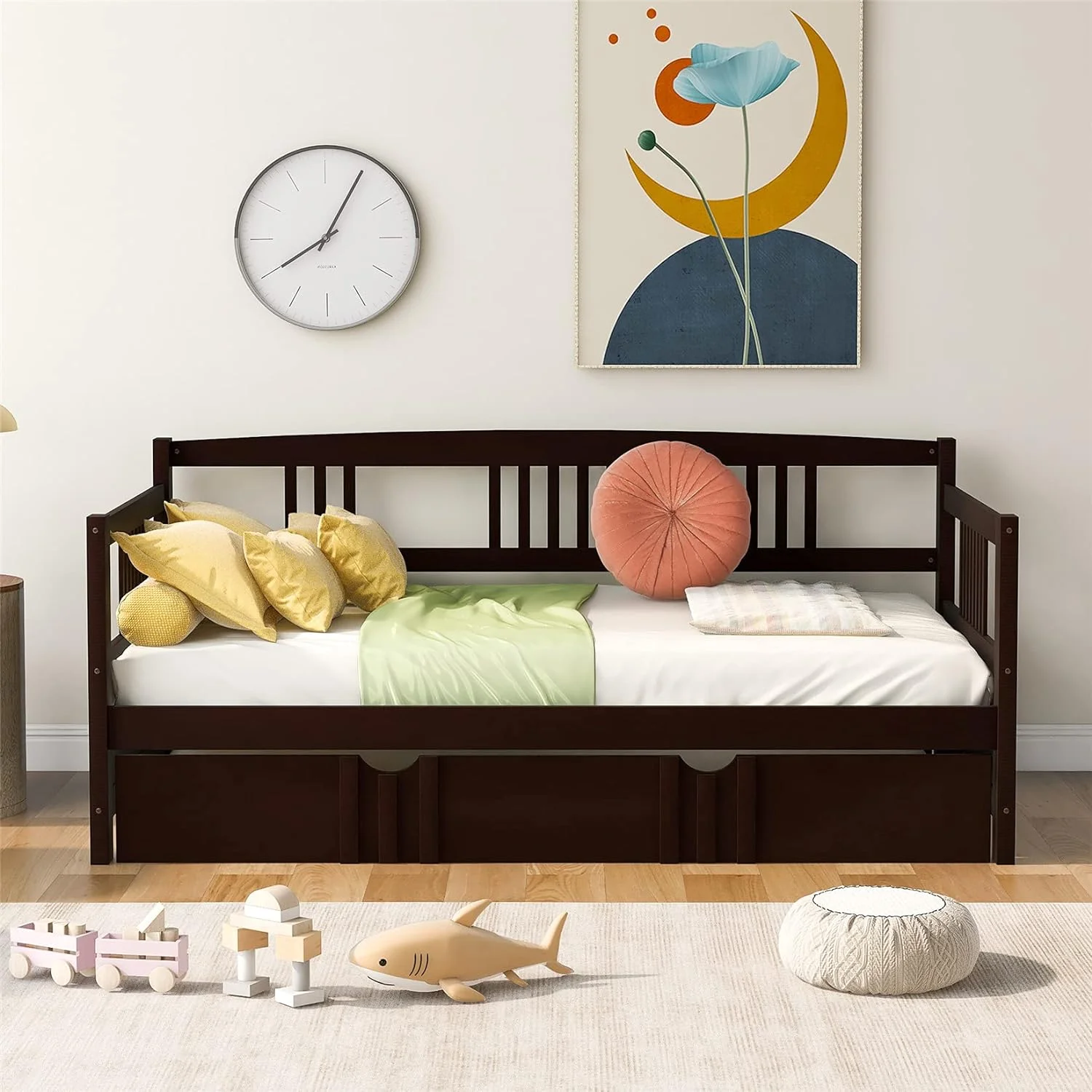 Daybed With Trundle, Wood Day Bed Frame, Size Sofa Bed For Living Room Guest Room Bedroom, Espresso