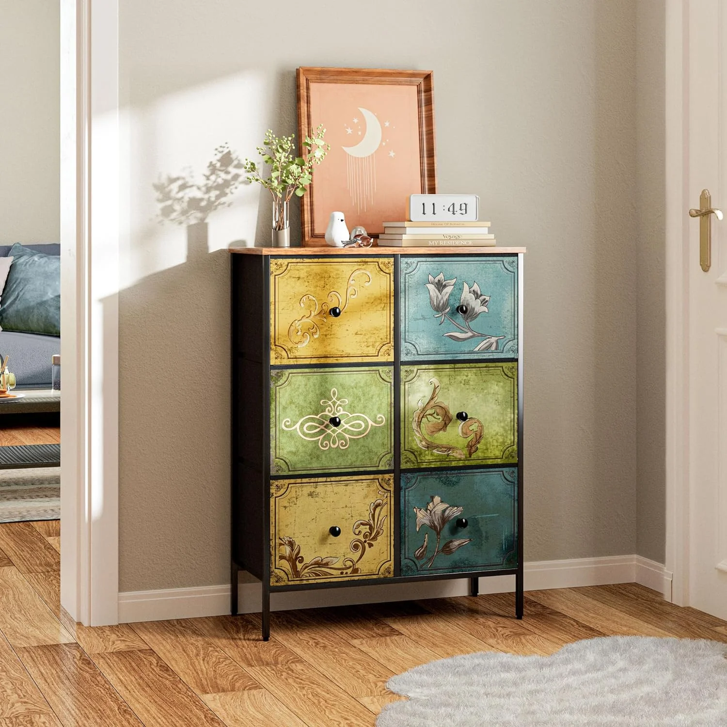 YGDU Drawer Dresser with 9 Fabric Drawers, Dresser Storage Organizer for Bedroom,Closet,Nursery,Living Room,Wide Storage Tower Unit with Steel Frame,Chest of Drawer, Wooden Top, Rustic Pattern