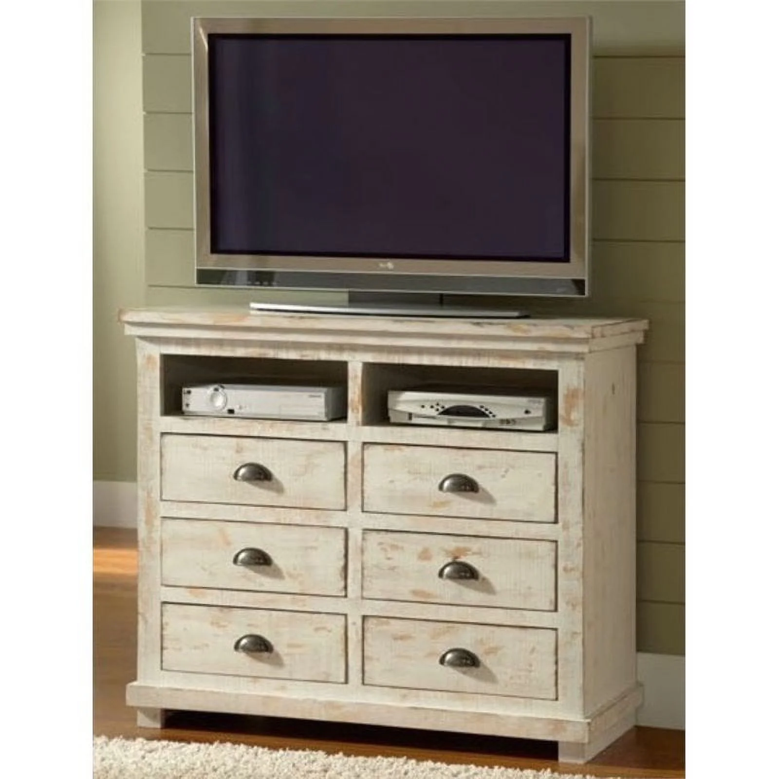 Bowery Hill Transitional Wooden 6 Drawer Media Chest in Distressed White Finish