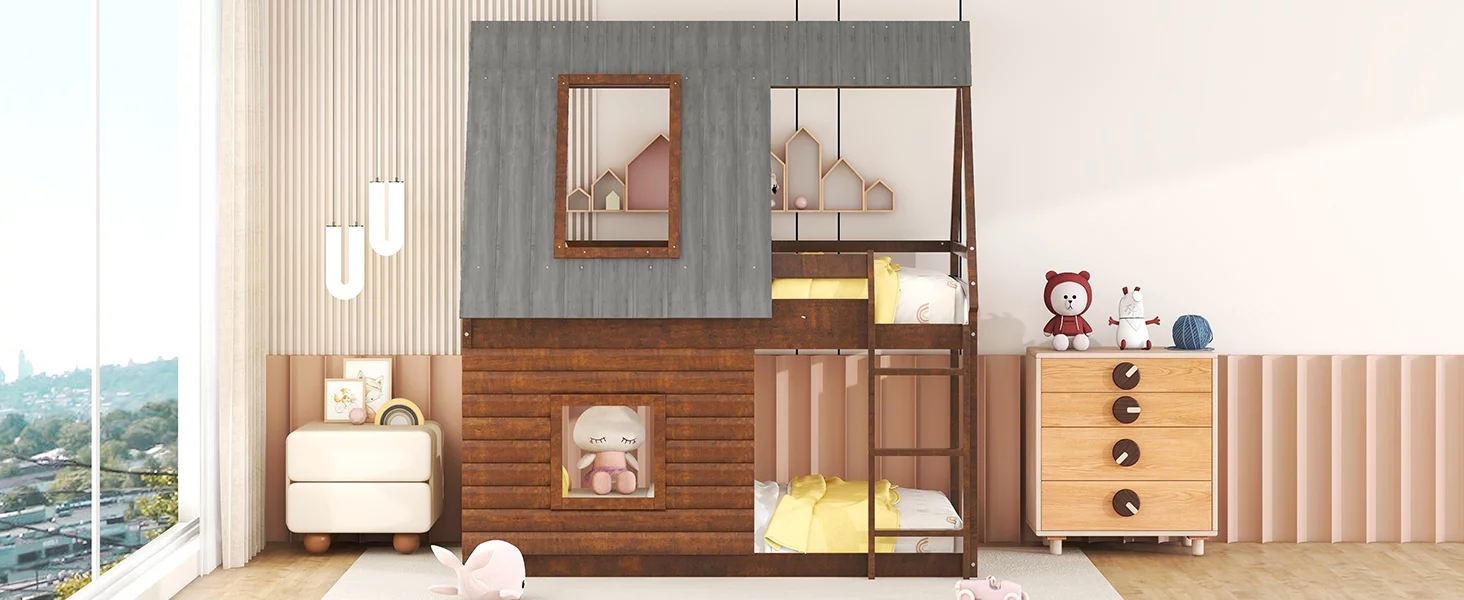 alemior Wood Twin Size House Bunk Bed with Roof, Ladder and 2 Windows, Oak & Smoky Grey