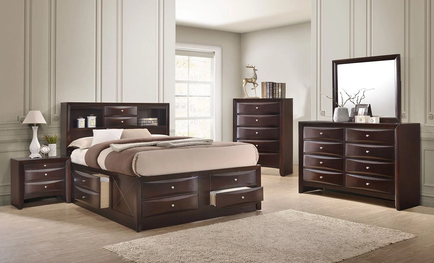 Contemporary Queen Size 5pc Captains Bed Set Storage Drawers Cherry Finish Solid Wood Bedroom Furniture