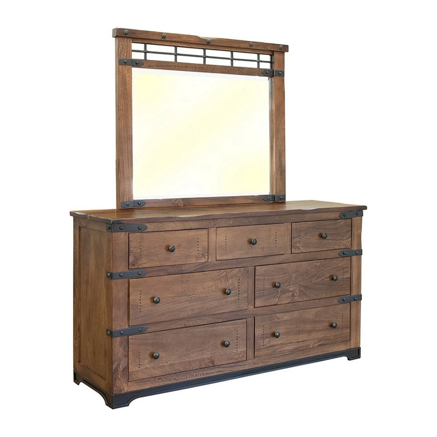 BenJara Umey 70 Inch Wide 7 Drawer Dresser with Iron Belt Accents, Brown Mango Wood