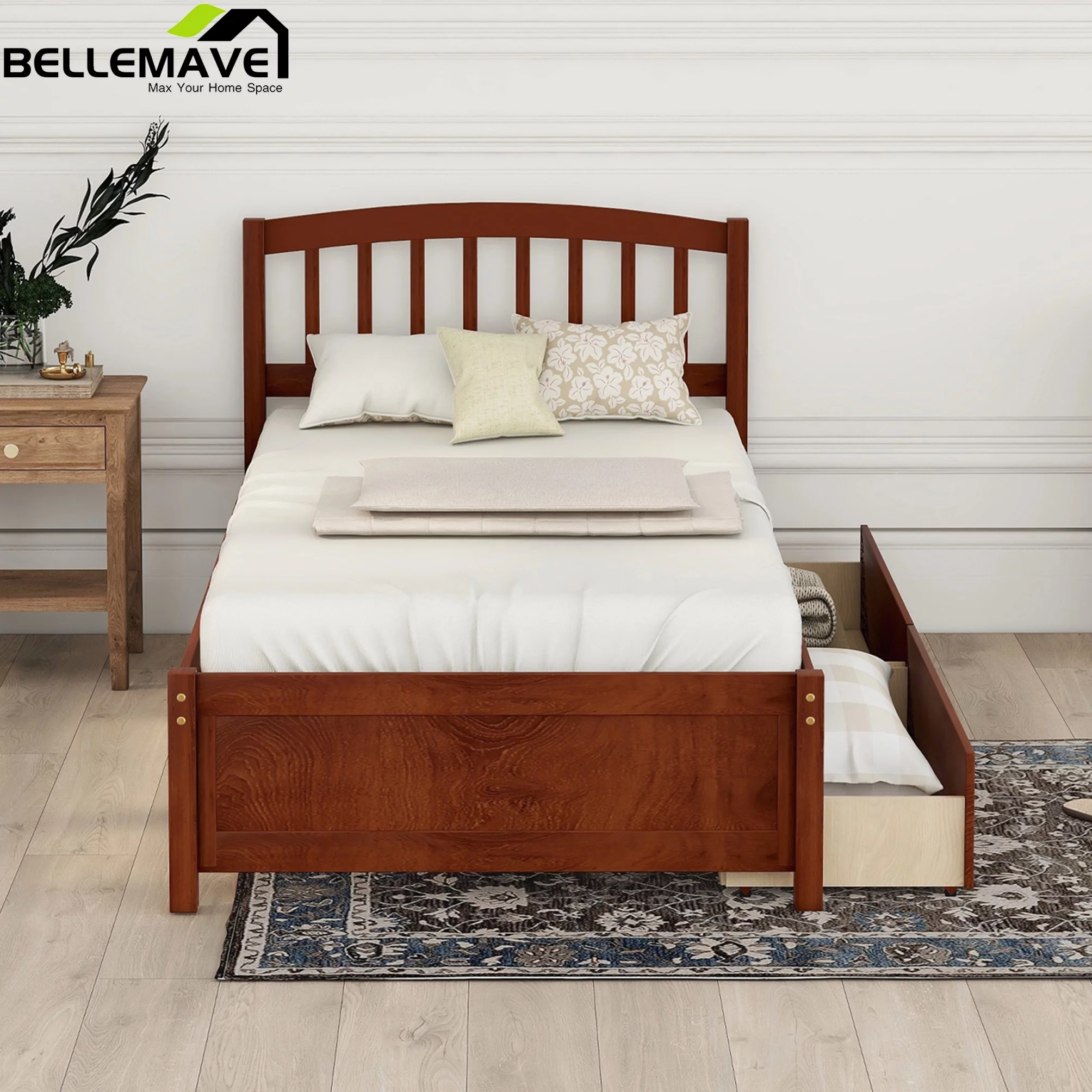 Bellemave Twin Size Platform Bed with 2 Storage Drawers,Solid Wood Twin Bed Frame with Headboard,Storage Bed with Slat Supports for Kids,Teens, Adults,Walnut