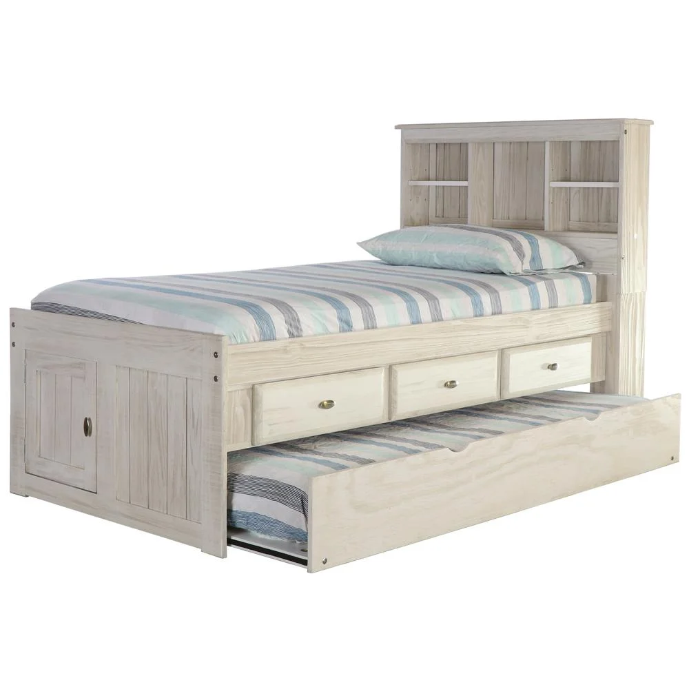 American Furniture Classics OS Home and Office Furniture Model 85220K3-22 Solid Pine Twin Captains Bookcase Bed with 3 drawers and a Twin Sized Trundle in Light Ash