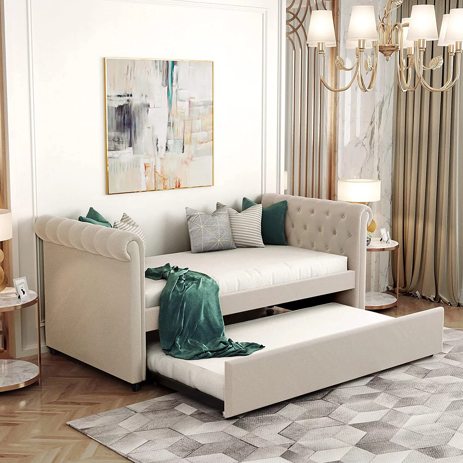 Upholstered Daybed With Trudle, Wood Daybed Ad Trudle Bed, Tufted Sofa Bed With Wood Slat Support For Bedroom,Livig Room,Beige