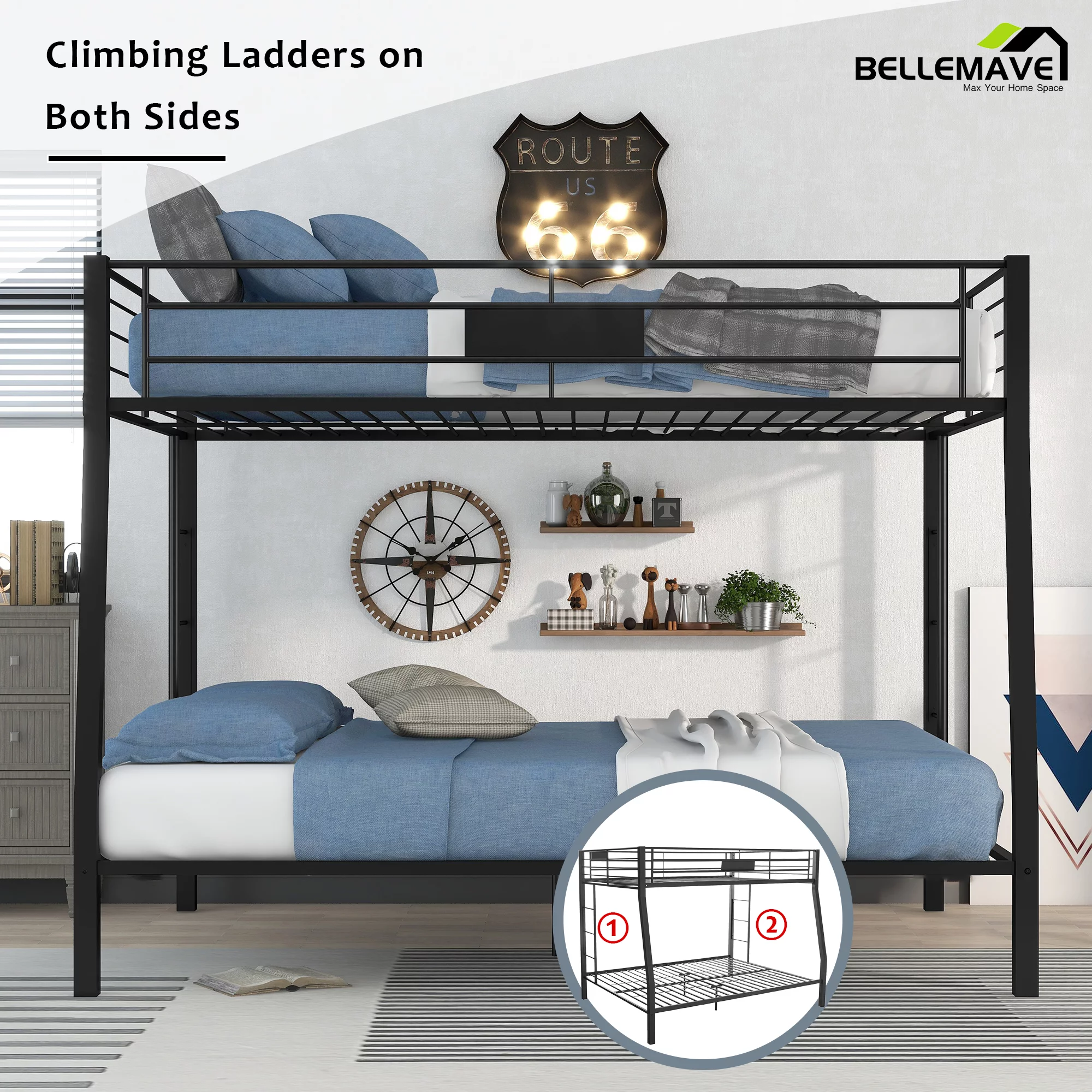 Bellemave Metal Bunk Bed Full XL over Queen, Heavy Duty Bunk Bed Frame with 2 Ladders for Adults, Teens or Kids, Black
