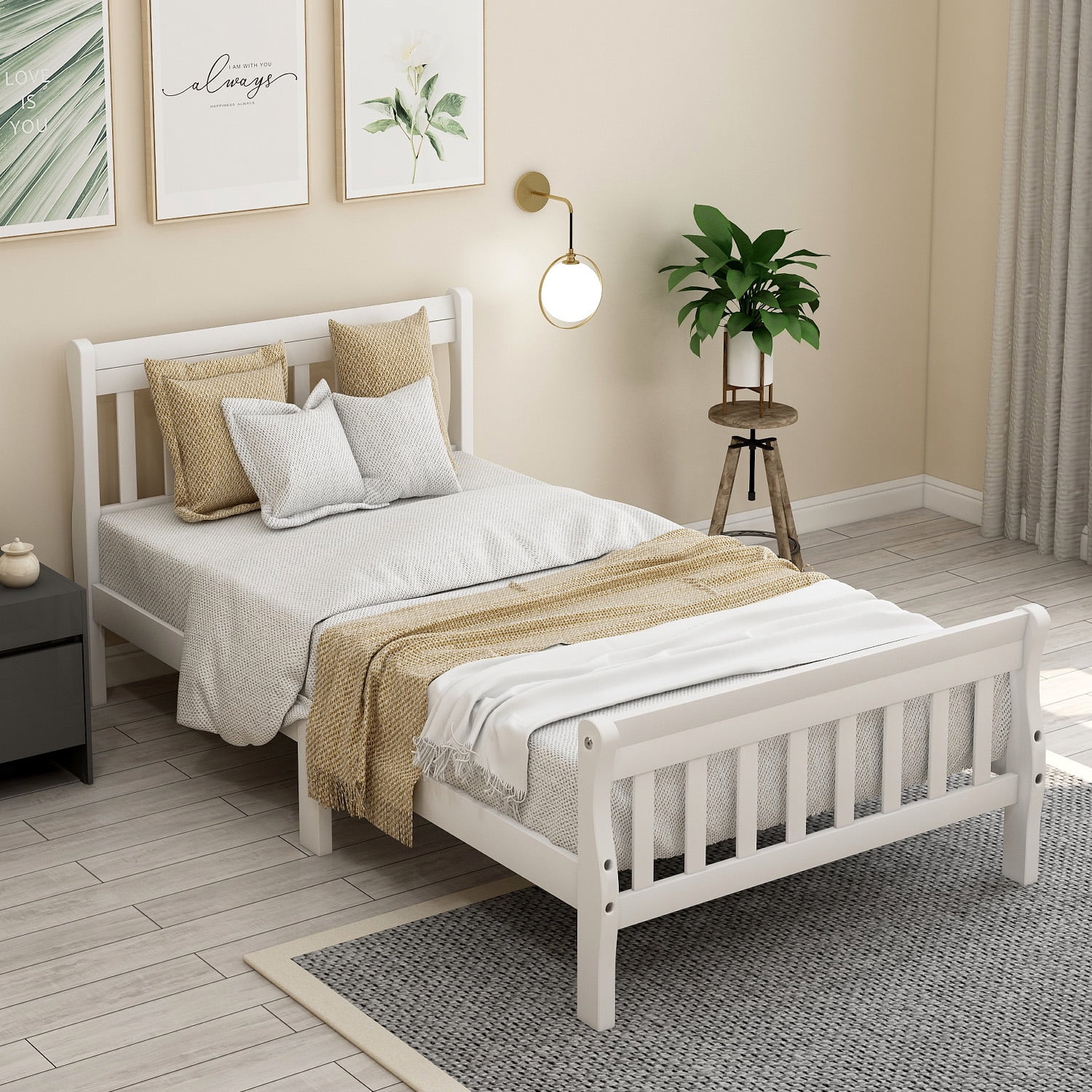 Royard Oaktree Wood Platform Bed Twin Bed Frame Panel Bed Mattress Foundation Sleigh Bed with Headboard/Footboard/Wood Slat Support, White