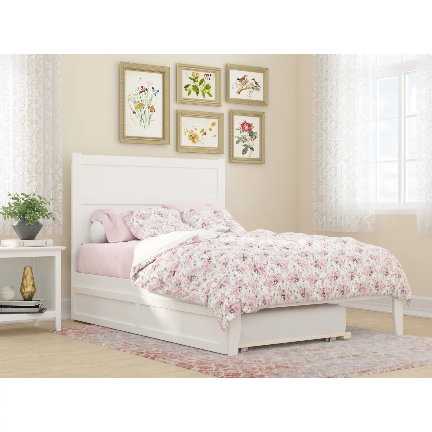 AFI NoHo Solid Wood Full Bed with Twin Trundle with USB Charger in White