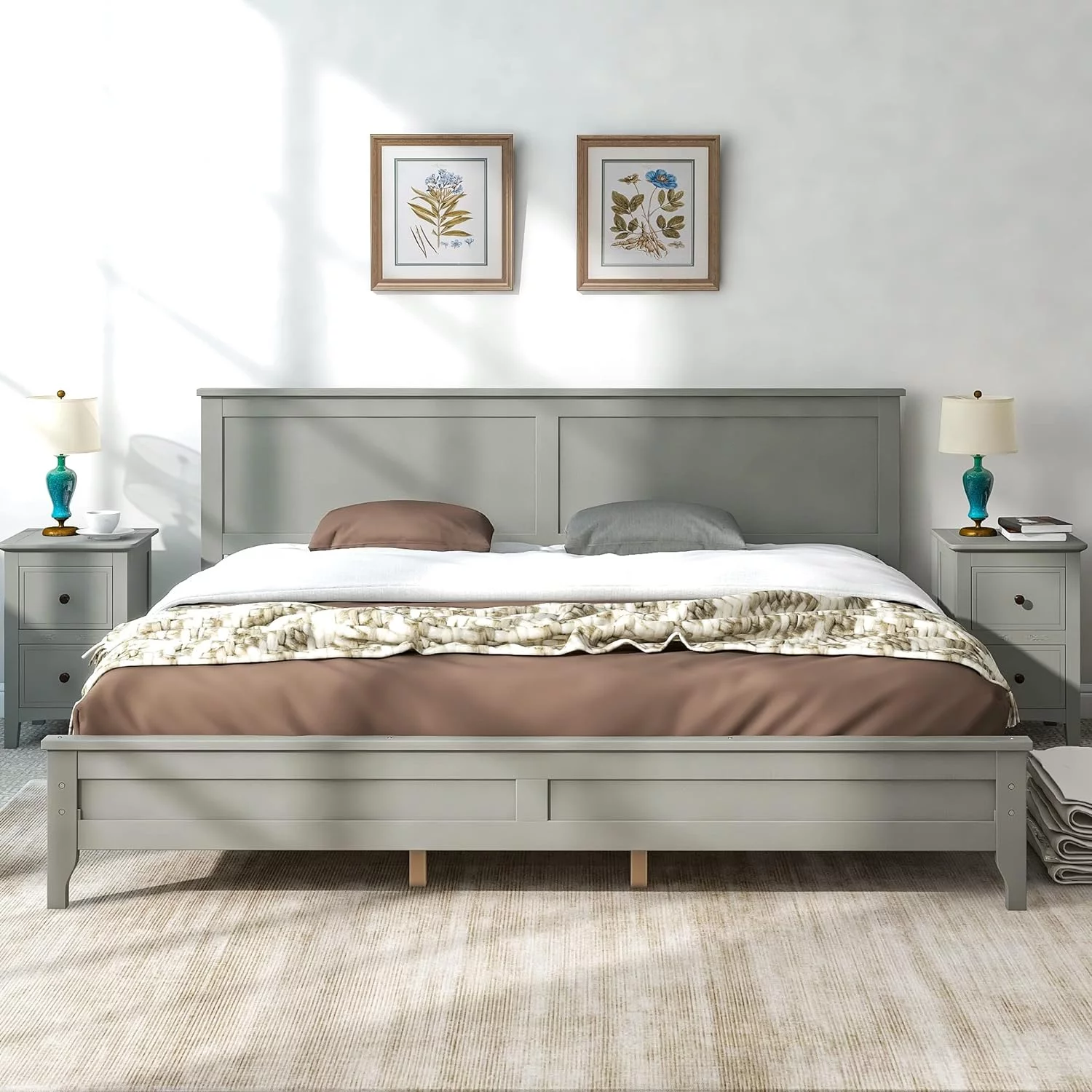 King Platform Bed Frame With Headboard And Footboard/Wood Slat Support/Mattress Foundation For Bedroom