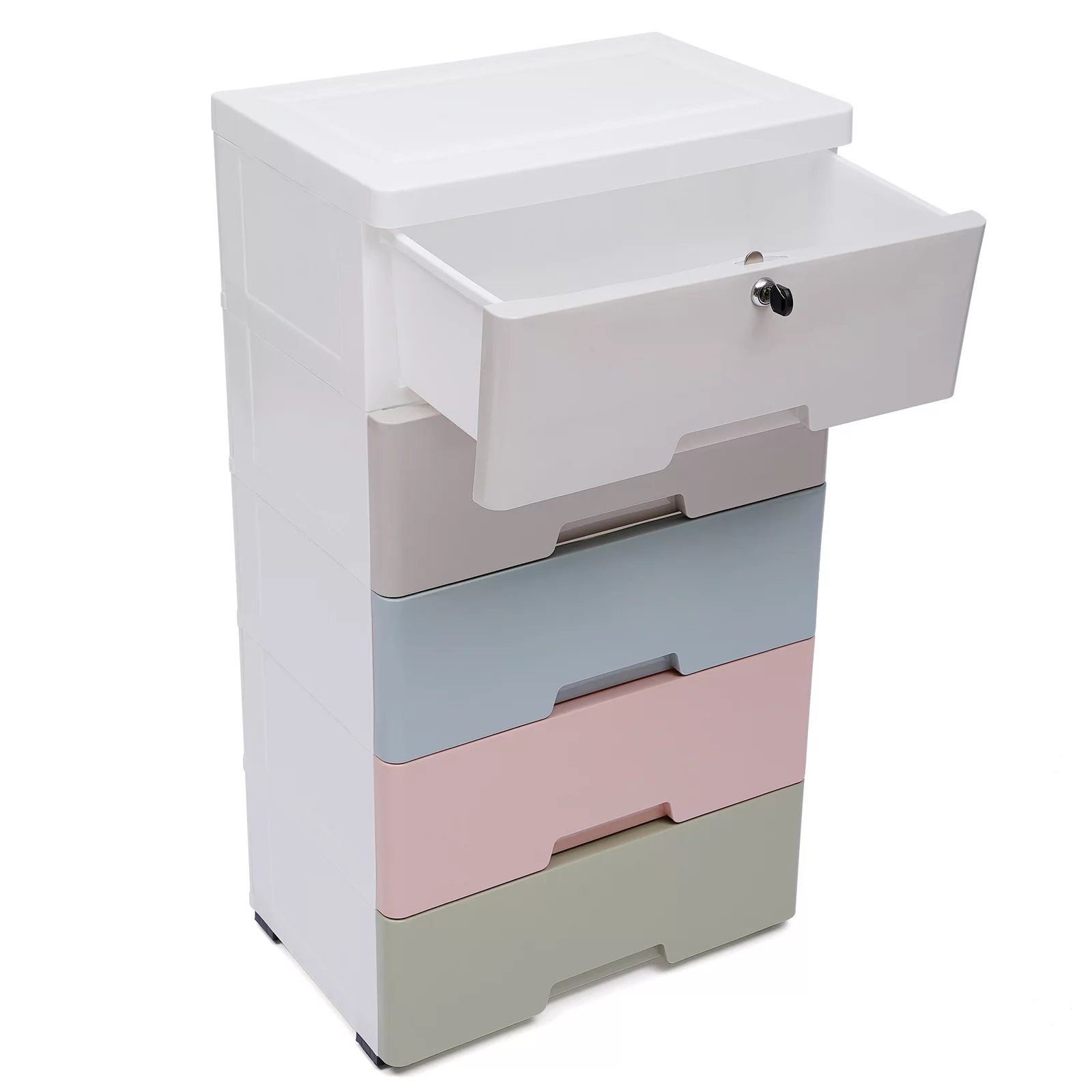 Modern 5-Drawer Dresser with Lock, Rolling PP Rectangular Freestanding Clothes Toys Storage Orgarnizer Tower Cabinet with Wheels Multi-Color 17.72 x 11.81 x 33.07inch