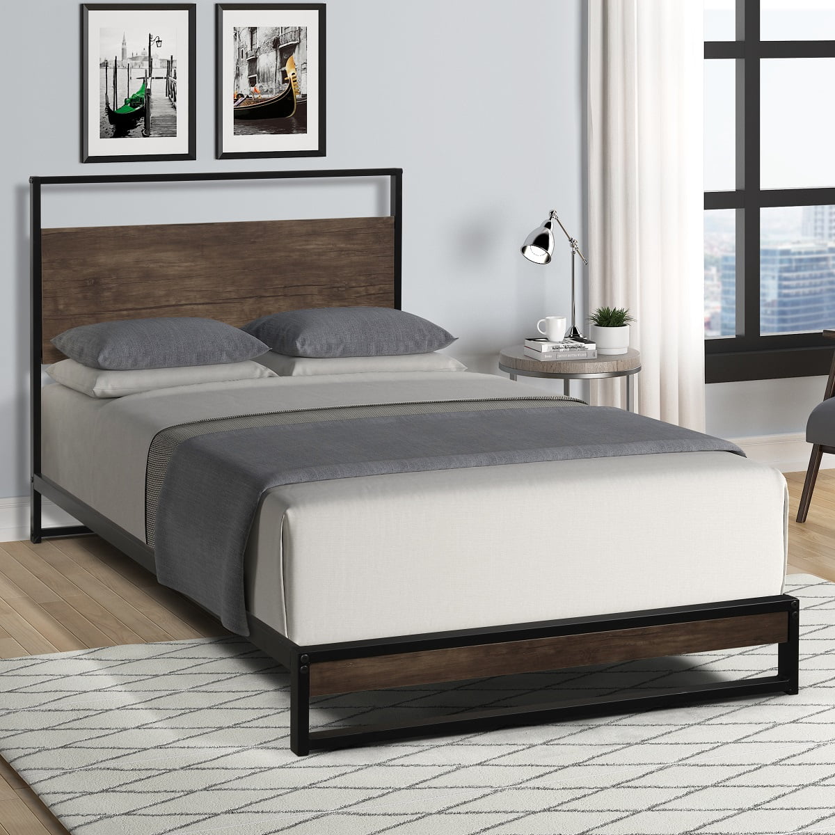 Twin metal Queen Bed Frame with Headboard and Wood Slats for Kids Adults
