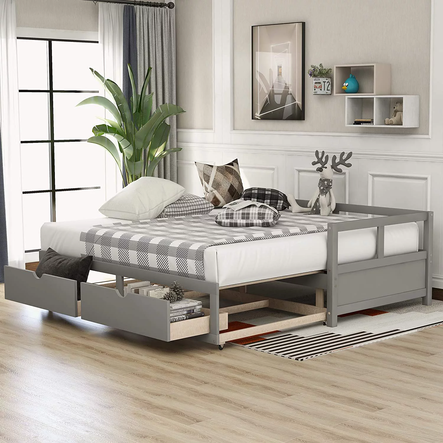 Churanty Wooden Extendable Bed, Daybed with Two Storage Drawers for Bedroom Living Room,Grey