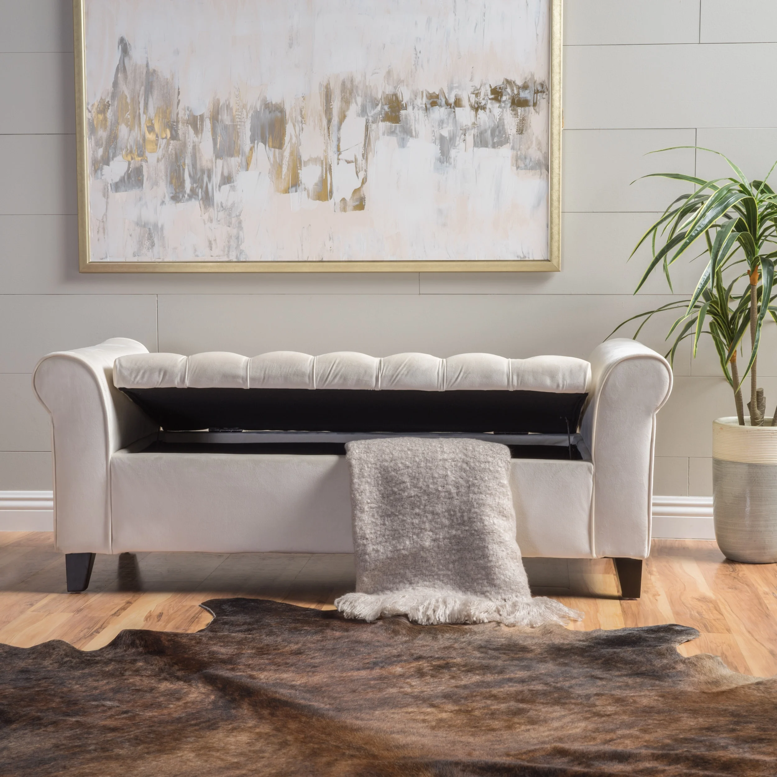 Noble House Clayton Contemporary Rolled Arm Velvet Storage Ottoman Bench, Ivory and Dark Brown