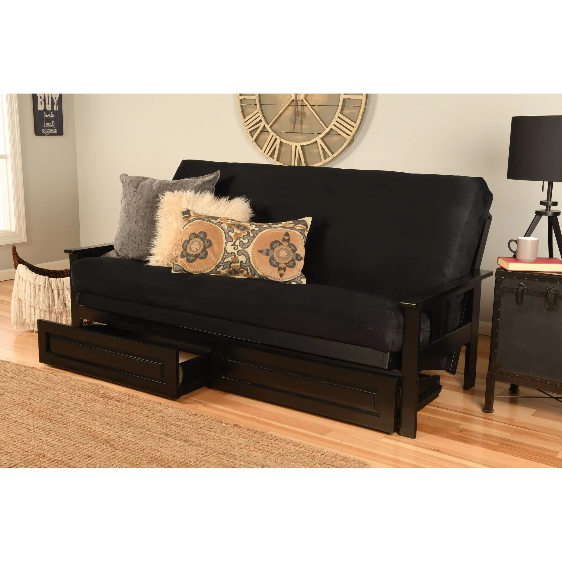 Somette Monterey Sofa in Black Finish with Storage and Removable Suede Mattress Cover Suede Blue