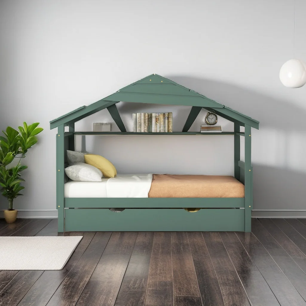 Twin Size House Bed with Trundle and Storage, Wood Platform Bed Frame with Roof, Playhouse Bed for Kids Teens Girls Boys (Twin)