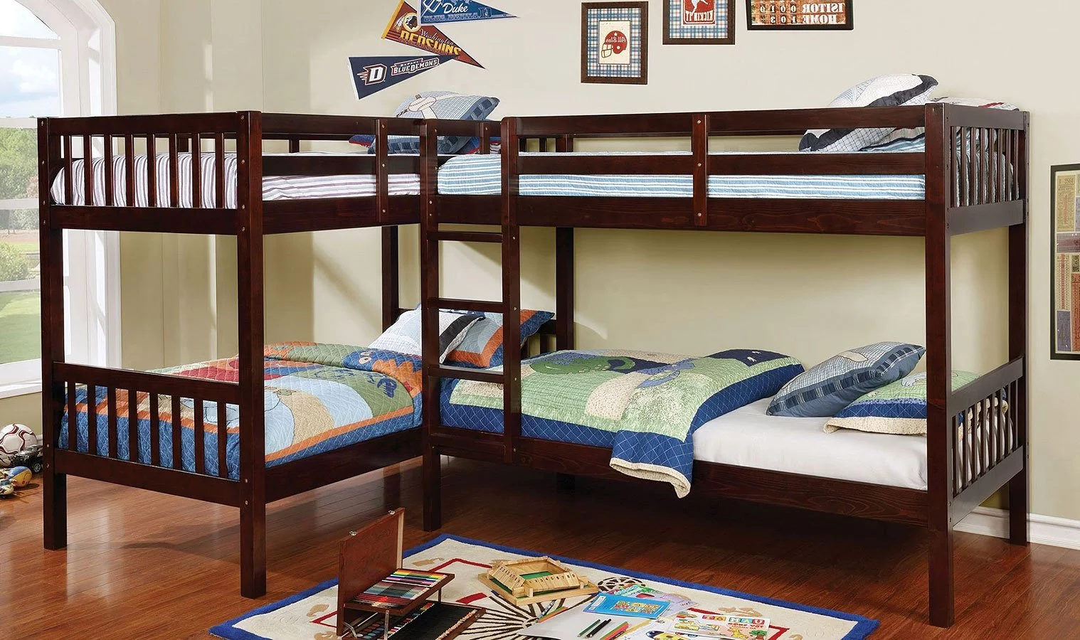 Contemporary Modern Youth Kids Bedroom L-shaped Quadruple Twin Bunk Beds w Ladder Dark Walnut Solidwood Furniture