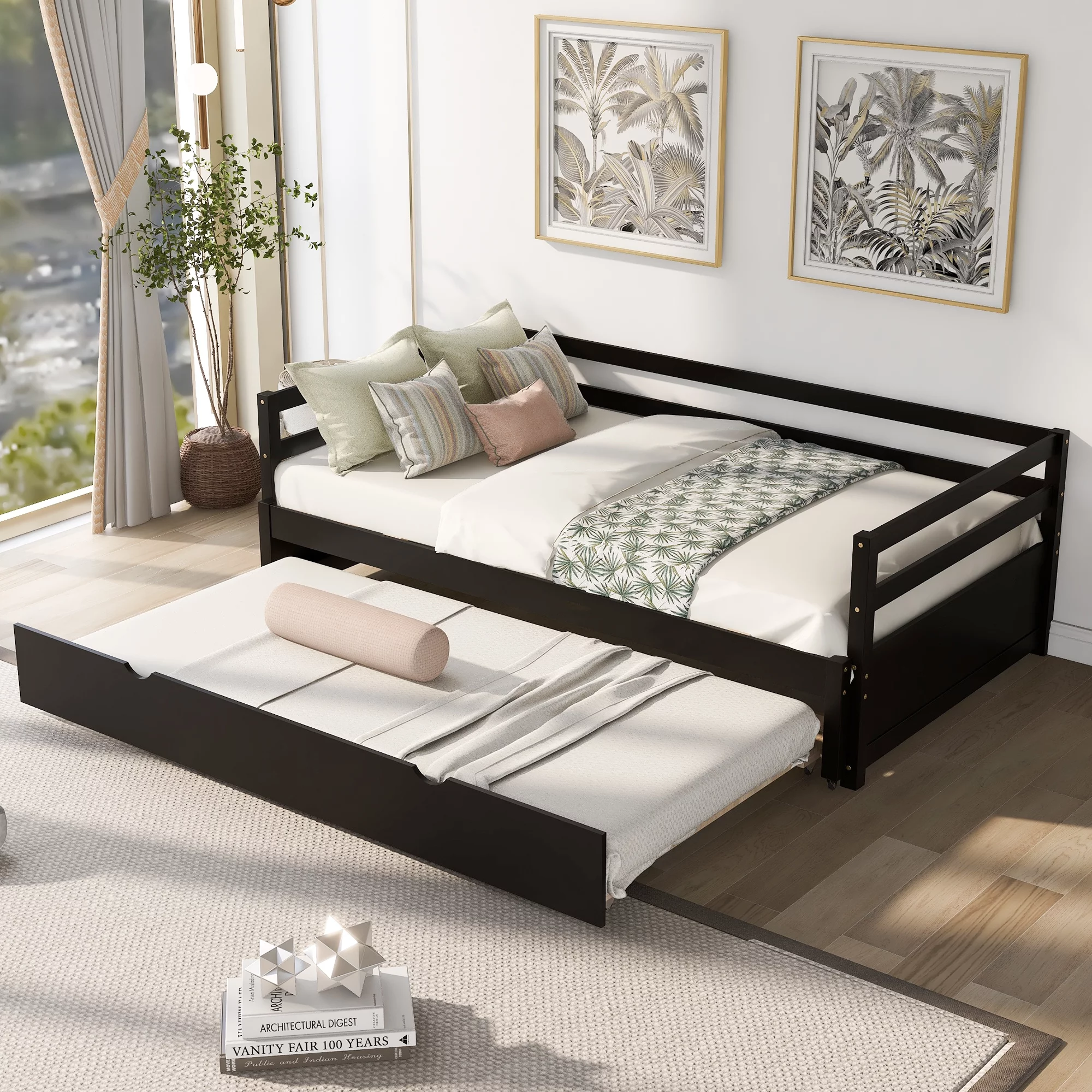 ikayaa Twin or Double Twin Daybed with Trundle,Espresso