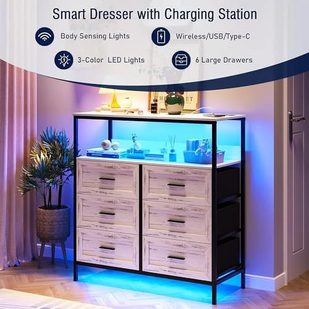 TJUNBOLIFE Dresser for Bedroom with Charging Station  6 Large Drawers Dresser with LED Lights  Wide Chest of Drawers with Open   Dresser for Living Room  Closet  White
