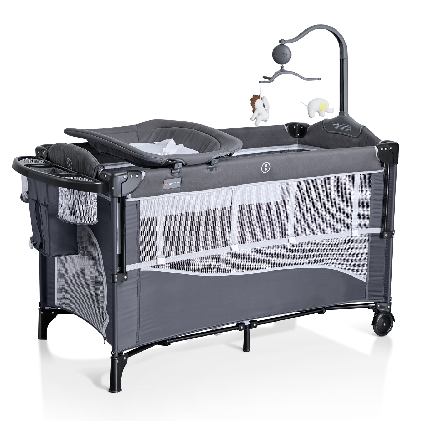 ANGELBLISS 5 in 1 Flat Bassinet Bedside Sleeper, Rocking Bassinet, Easy Folding Portable Playards, Pack and Play with Mattress, Diaper Changer and Music Mobile(Dark Grey)(0-12months)