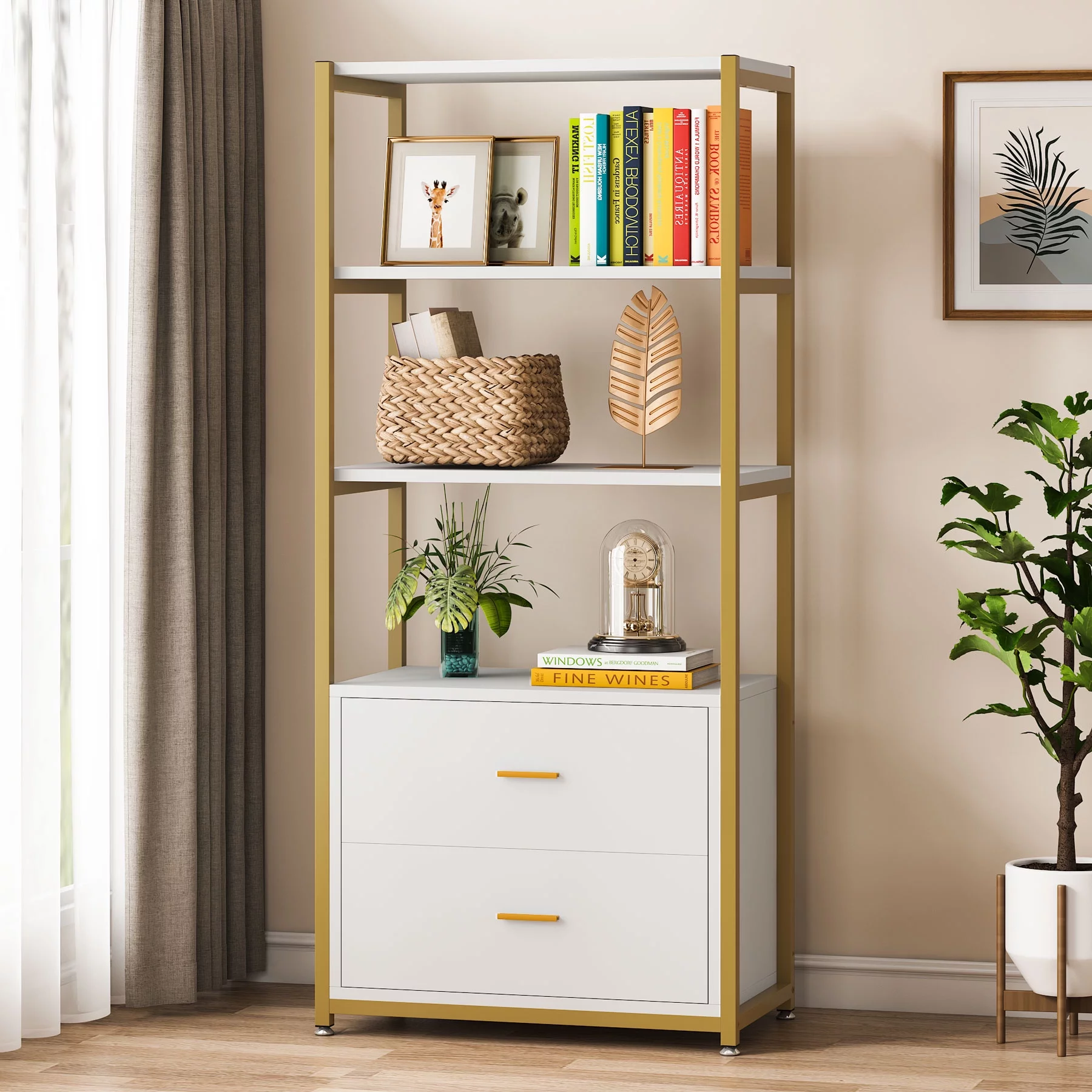 Tribesigns Bookcase, 4-Tier Bookshelf with 2 Drawers for Home Office (Gold/White)